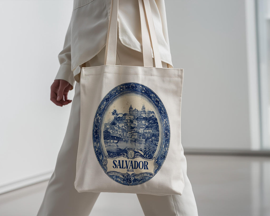 Salvador Brazil Tote Bag, Delft Style Personalized Destination, City Wedding Gift Souvenir Cotton
