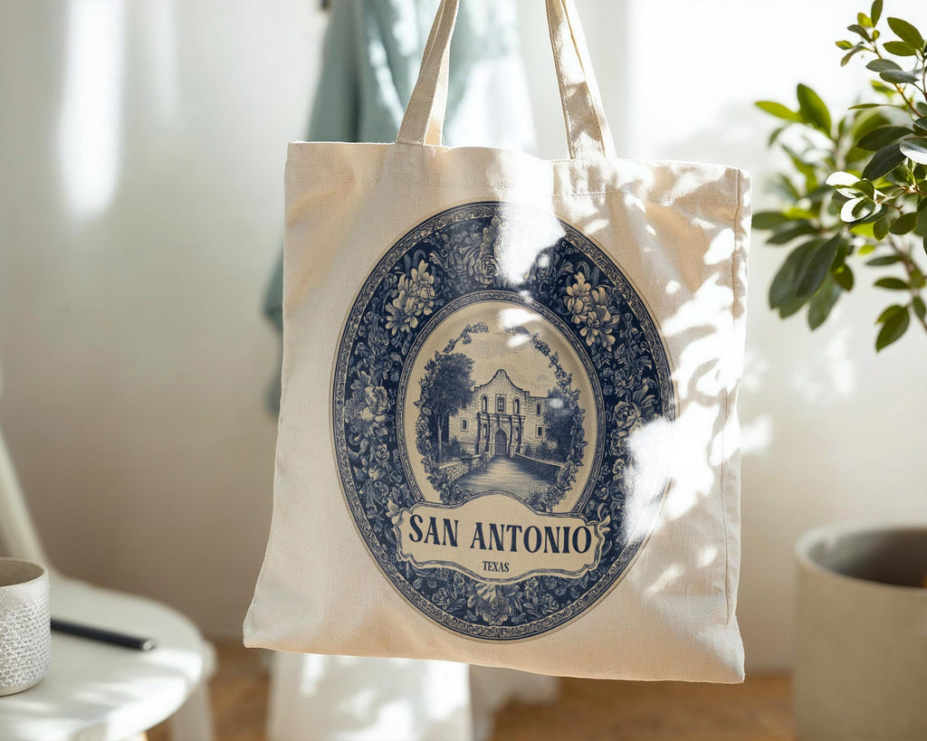 San Antonio Texas Tote Bag, Delft Style Personalized Destination, City Wedding Gift Souvenir Cotton