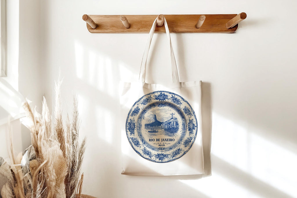 Rio Brazil Tote Bag, Delft Style Personalized Destination, City Wedding Gift Souvenir Cotton