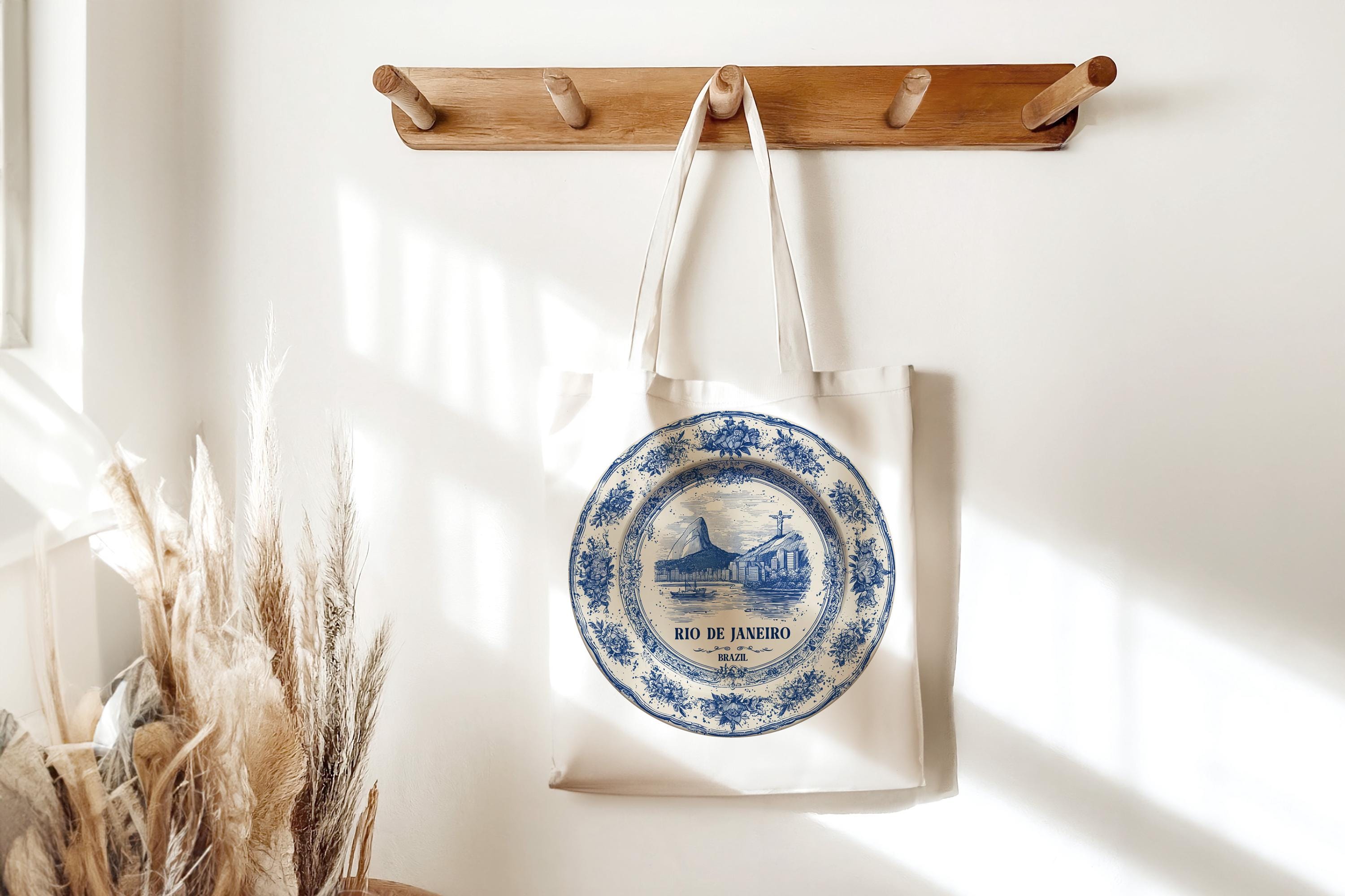 Rio Brazil Tote Bag, Delft Style Personalized Destination, City Wedding Gift Souvenir Cotton