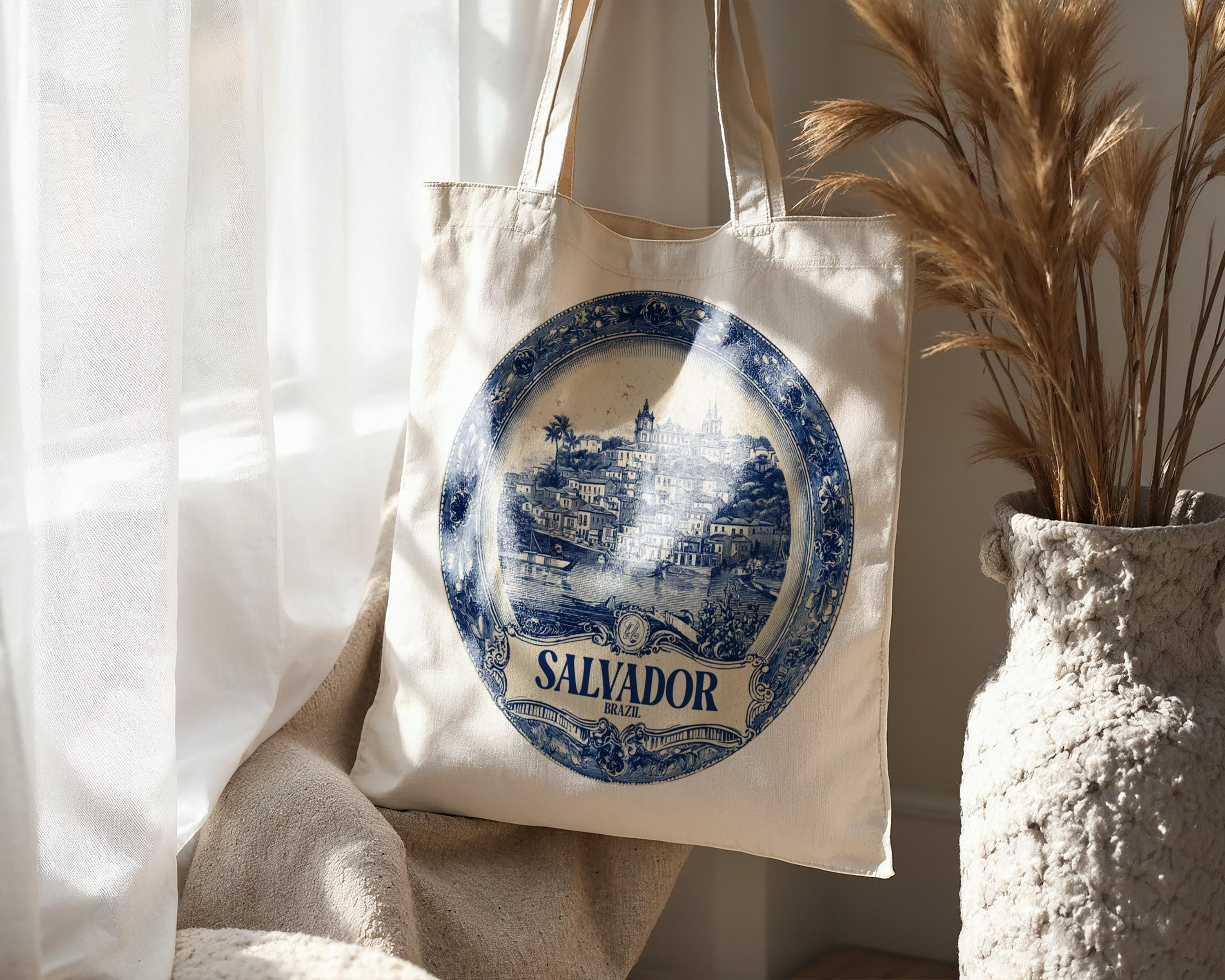 Salvador Brazil Tote Bag, Delft Style Personalized Destination, City Wedding Gift Souvenir Cotton