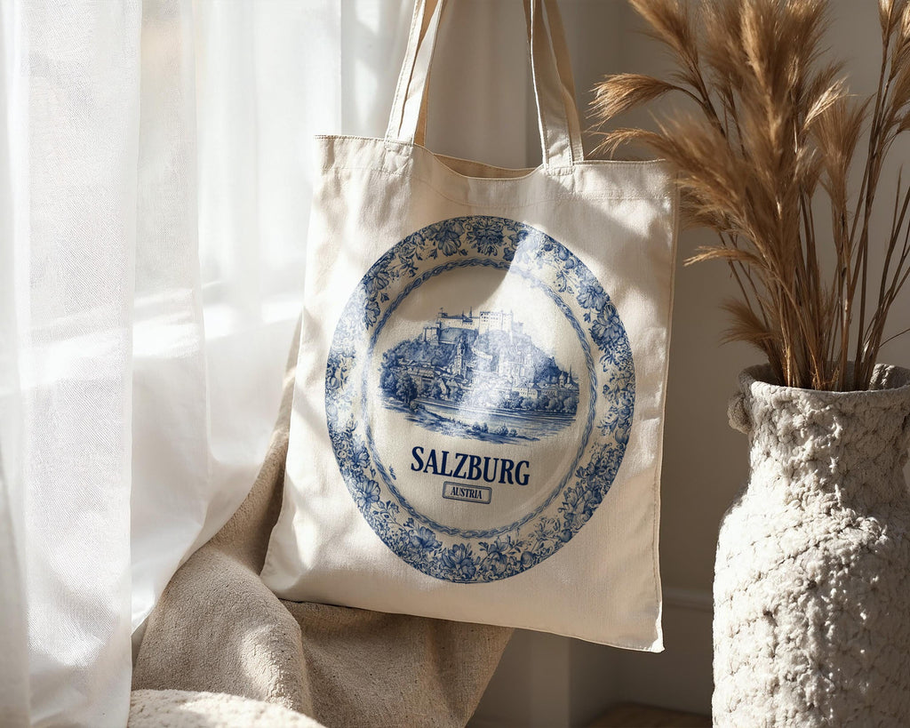Salzburg Austria Tote Bag, Delft Style Personalized Destination, City Wedding Gift Souvenir Cotton