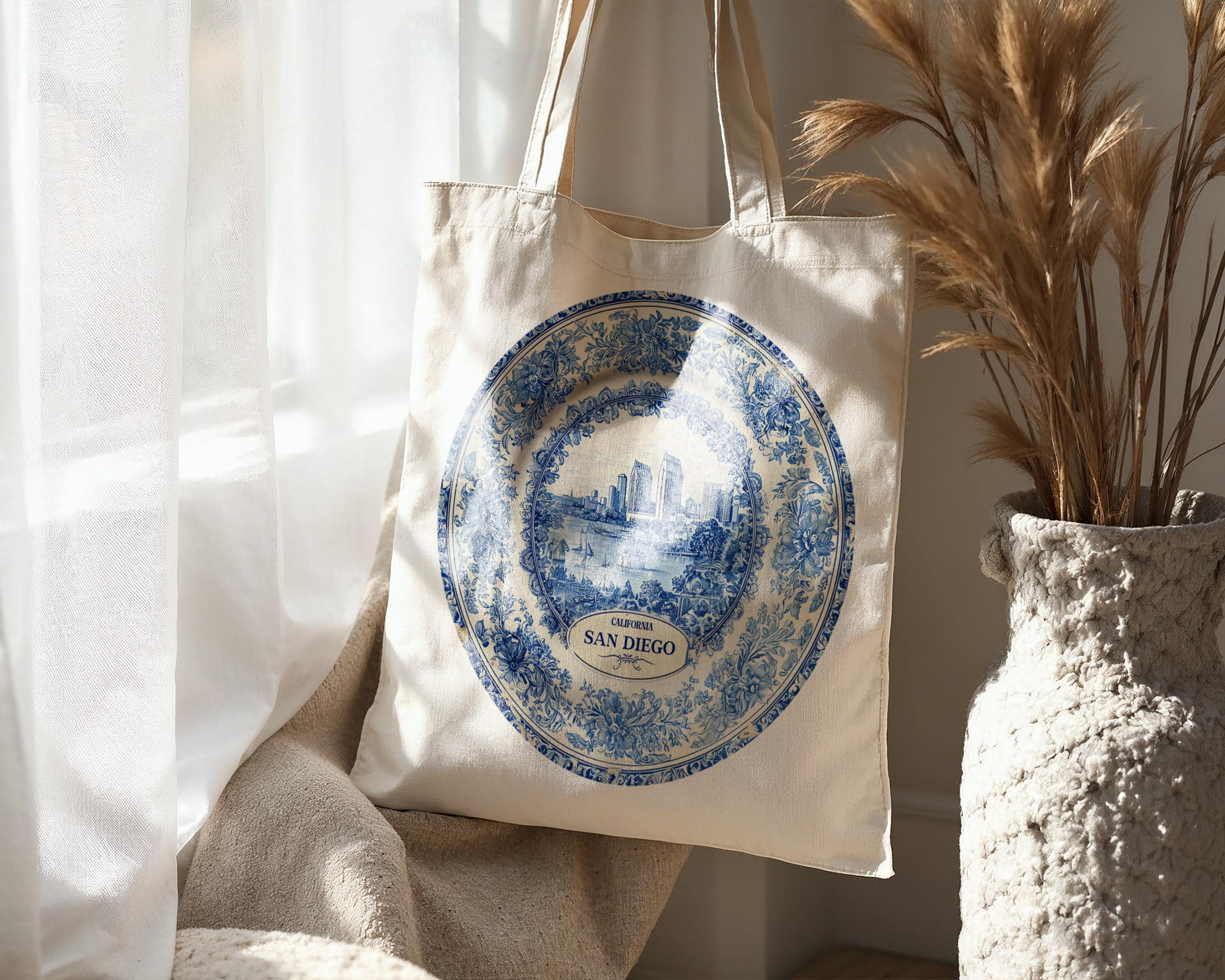 San Diego California Tote Bag, Delft Style Personalized Destination, City Wedding Gift Souvenir Cotton