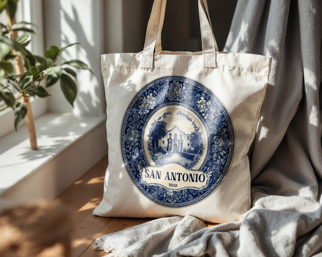 San Antonio Texas Tote Bag, Delft Style Personalized Destination, City Wedding Gift Souvenir Cotton