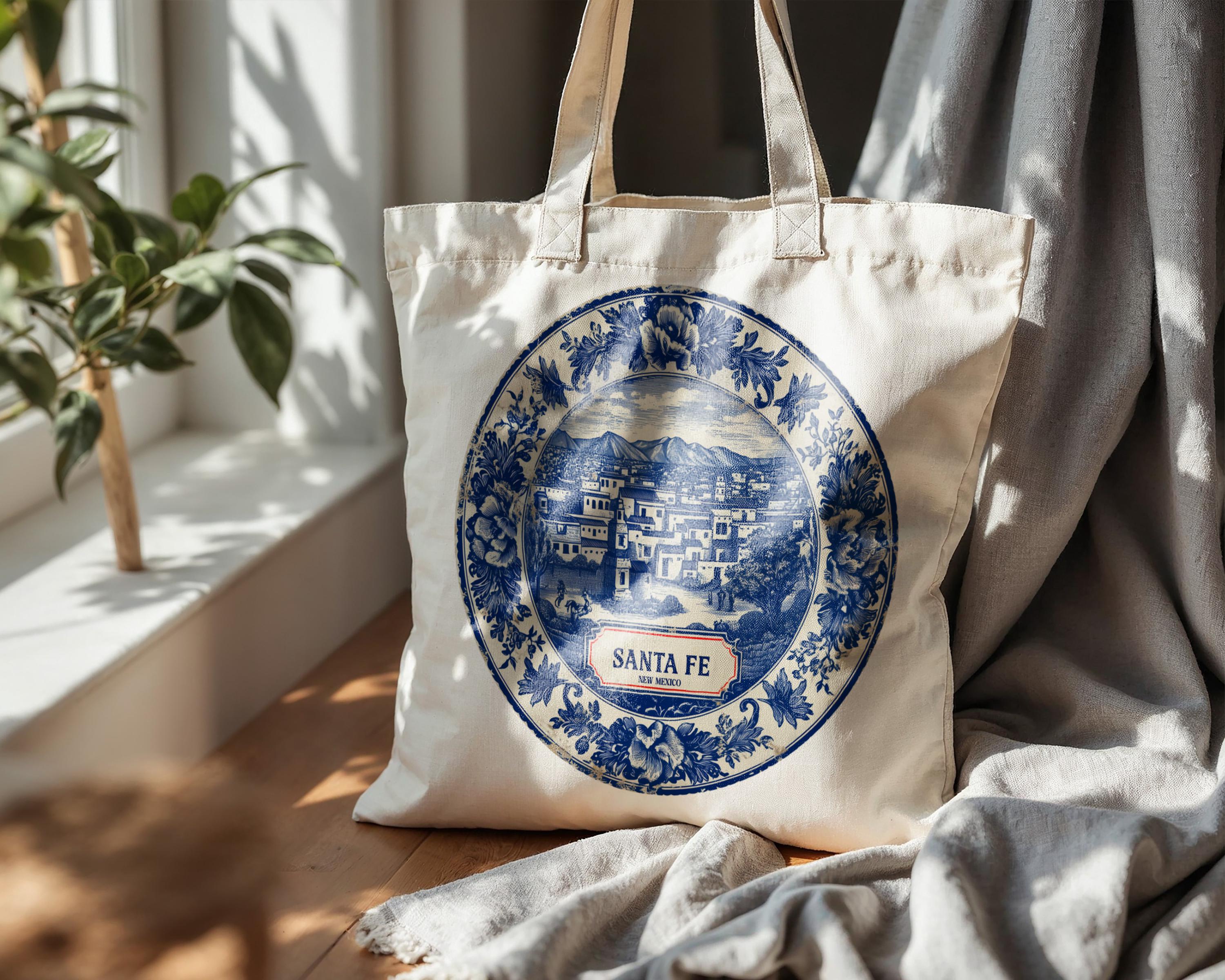 Santa Fe New Mexico Tote Bag, Delft Style Personalized Destination, City Wedding Gift Souvenir Cotton