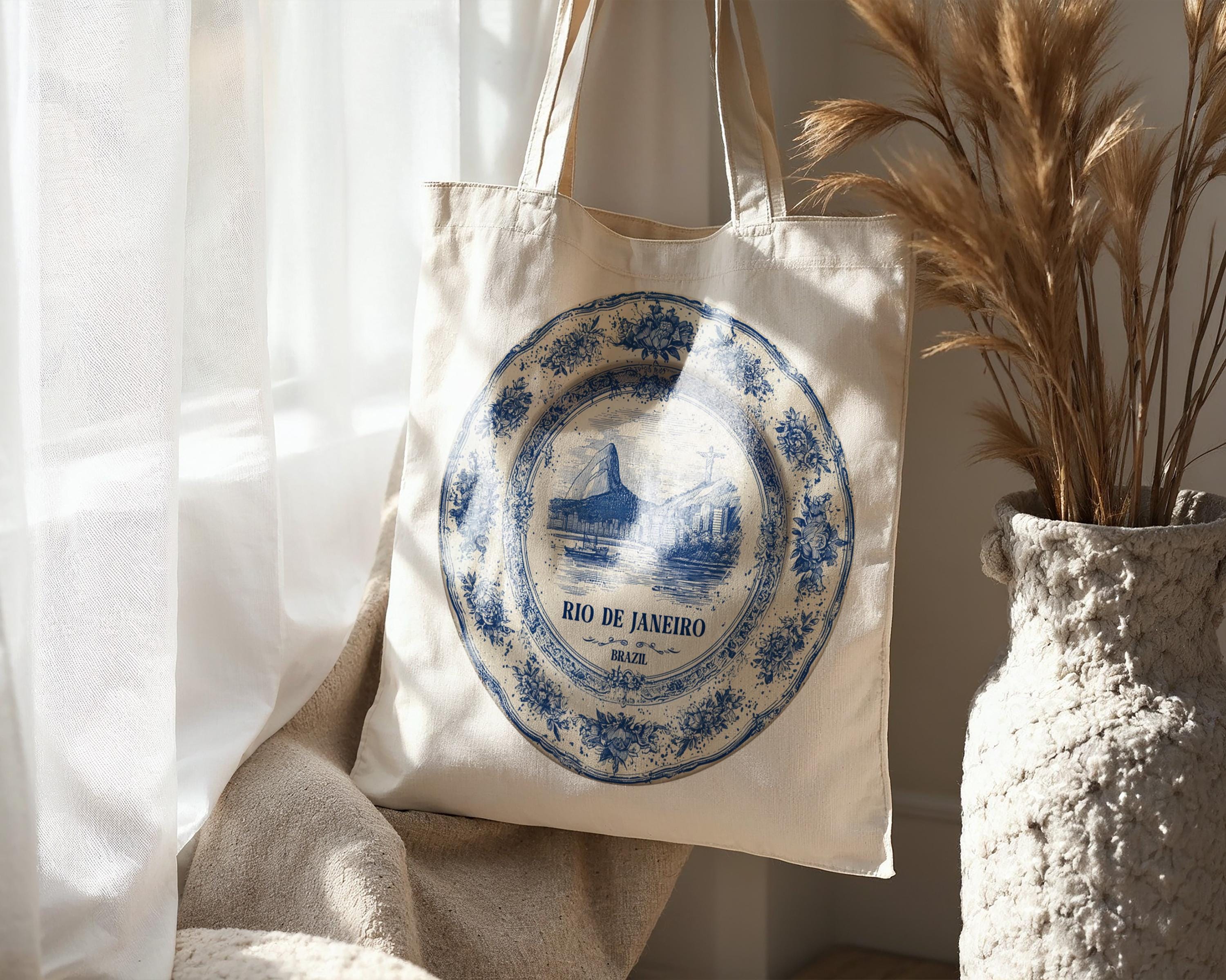 Rio Brazil Tote Bag, Delft Style Personalized Destination, City Wedding Gift Souvenir Cotton