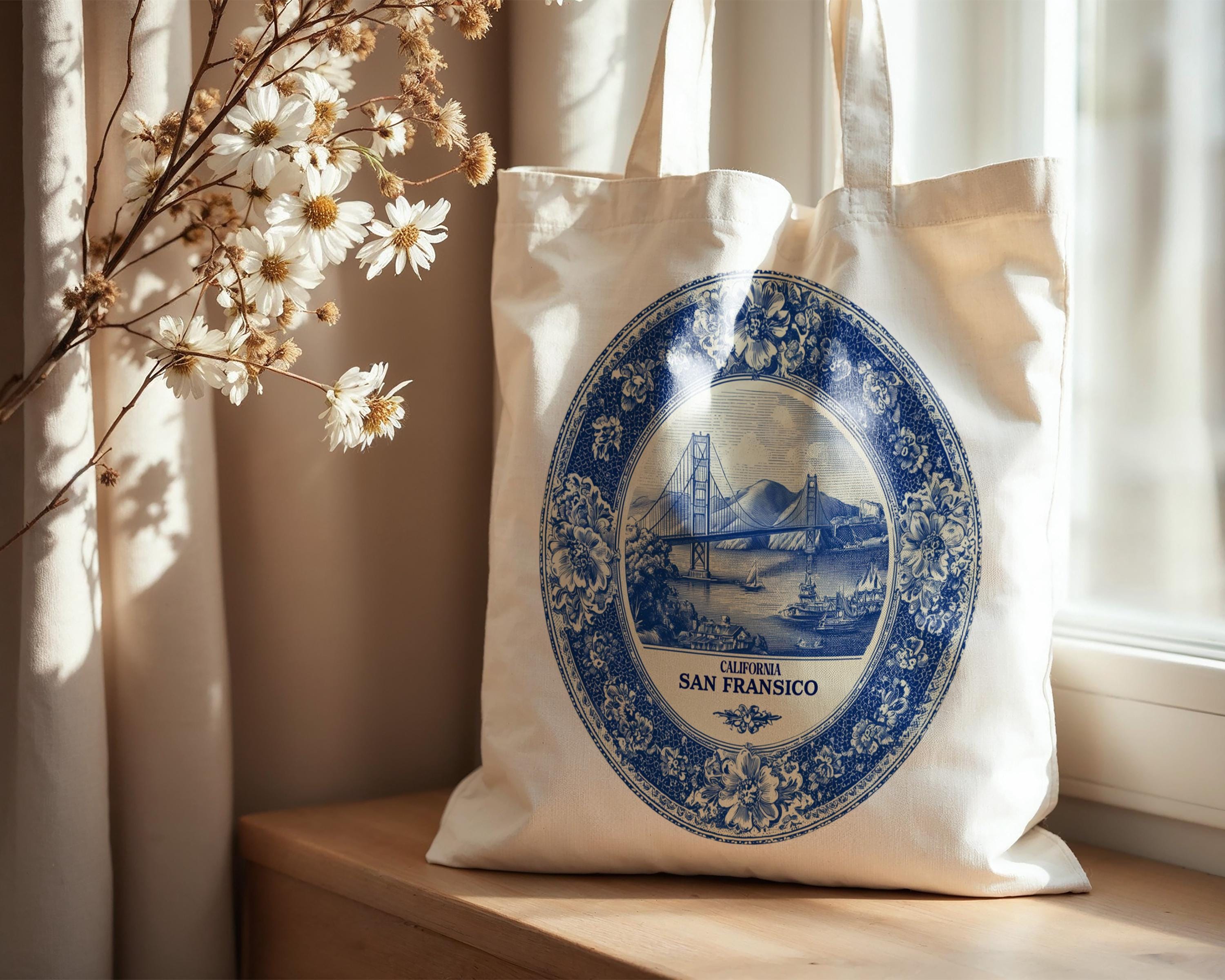 San Francisco California Tote Bag, Delft Style Personalized Destination, City Wedding Gift Souvenir Cotton