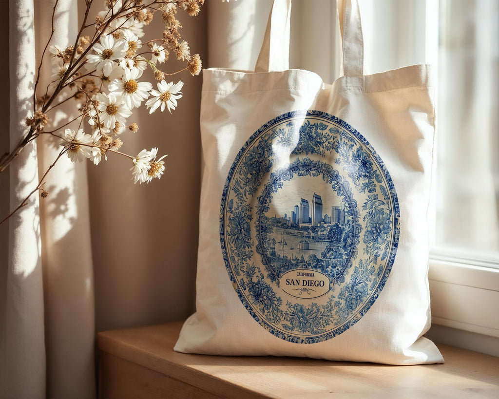 San Diego California Tote Bag, Delft Style Personalized Destination, City Wedding Gift Souvenir Cotton