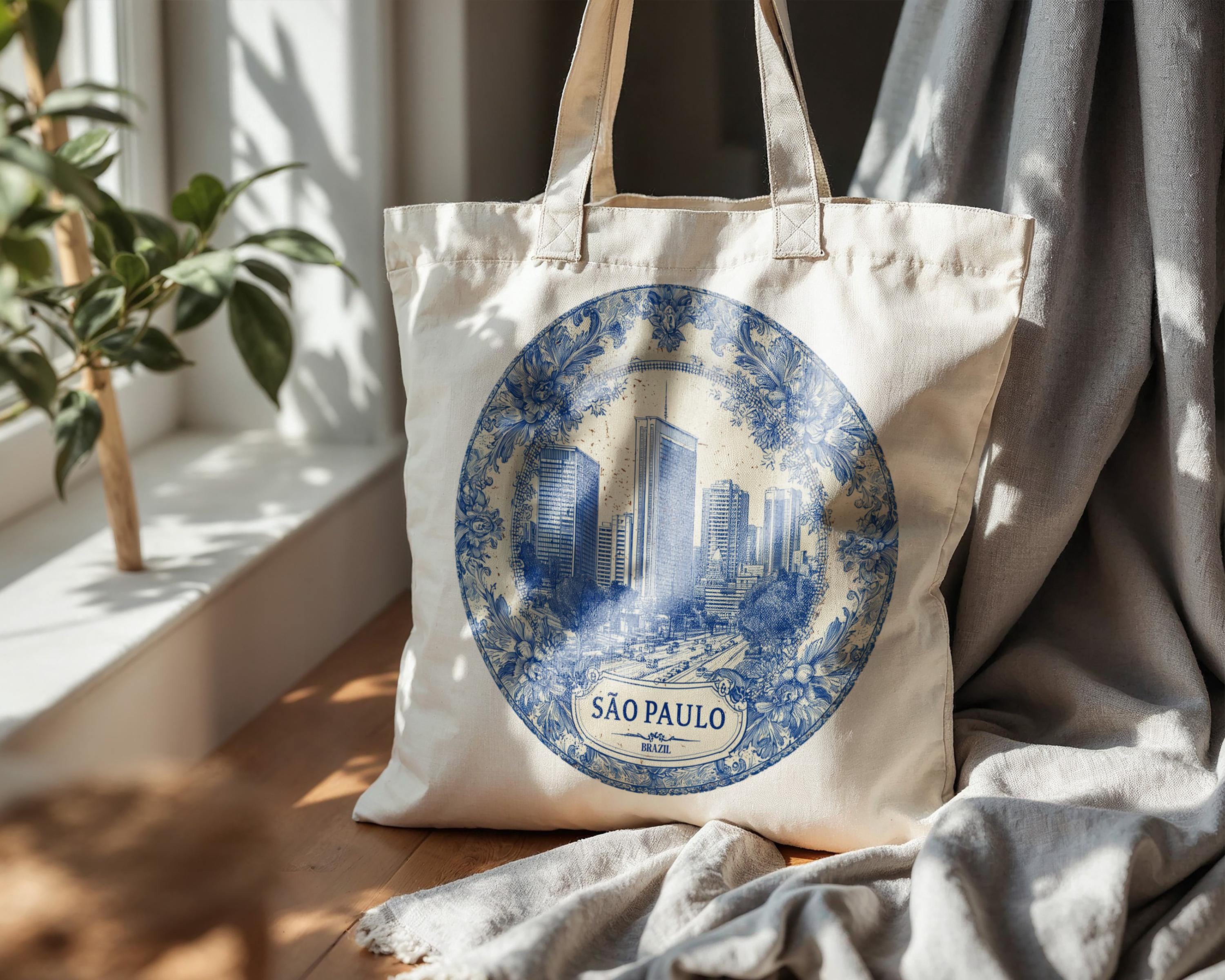 Sao Paulo Brazil Tote Bag, Delft Style Personalized Destination, City Wedding Gift Souvenir Cotton