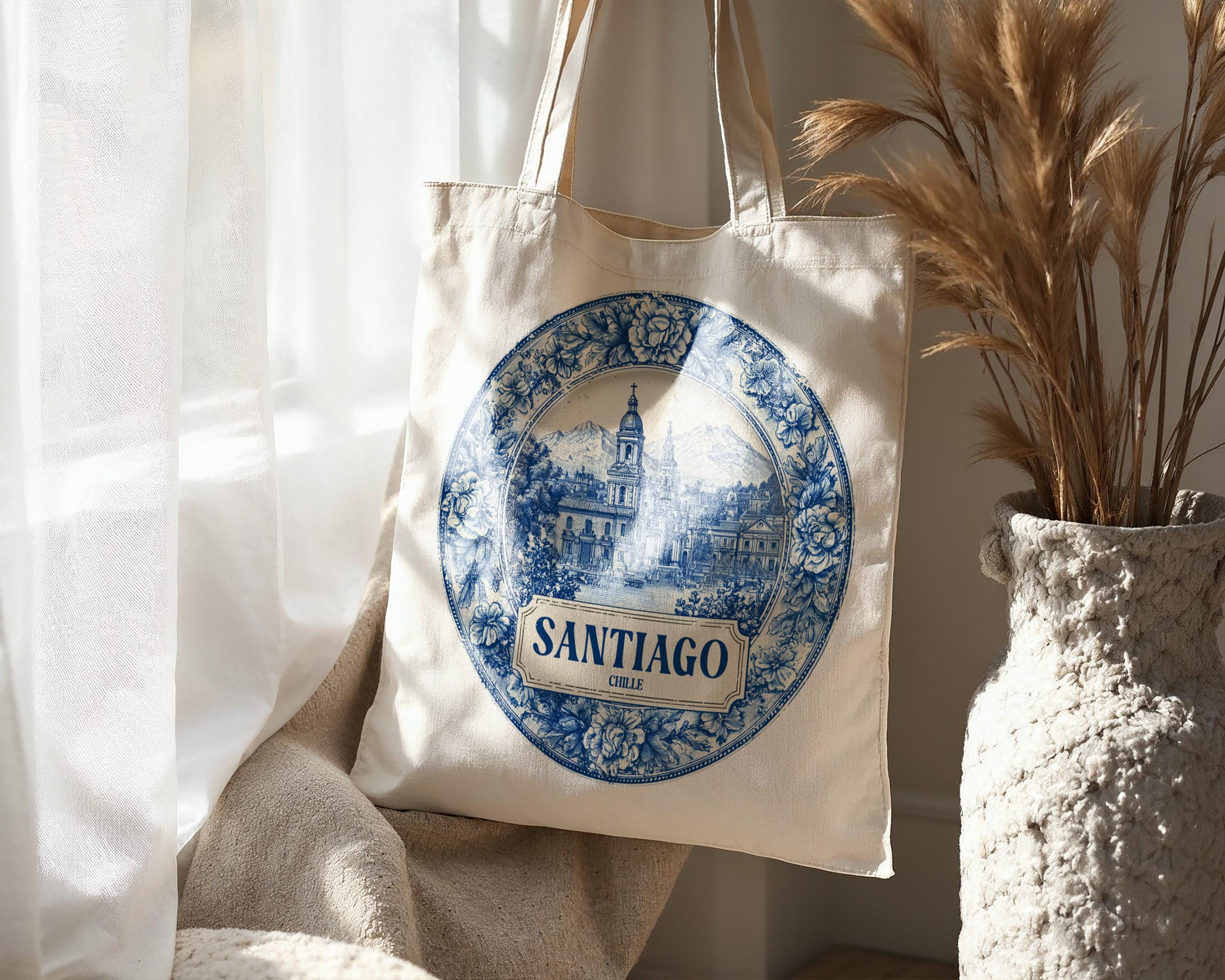 Santiago Chile Tote Bag, Delft Style Personalized Destination, City Wedding Gift Souvenir Cotton