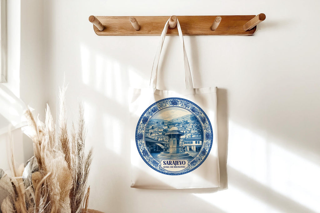 Sarajevo Bosnia and Herzegovinia Tote Bag, Delft Style Personalized Destination, City Wedding Gift Souvenir Cotton