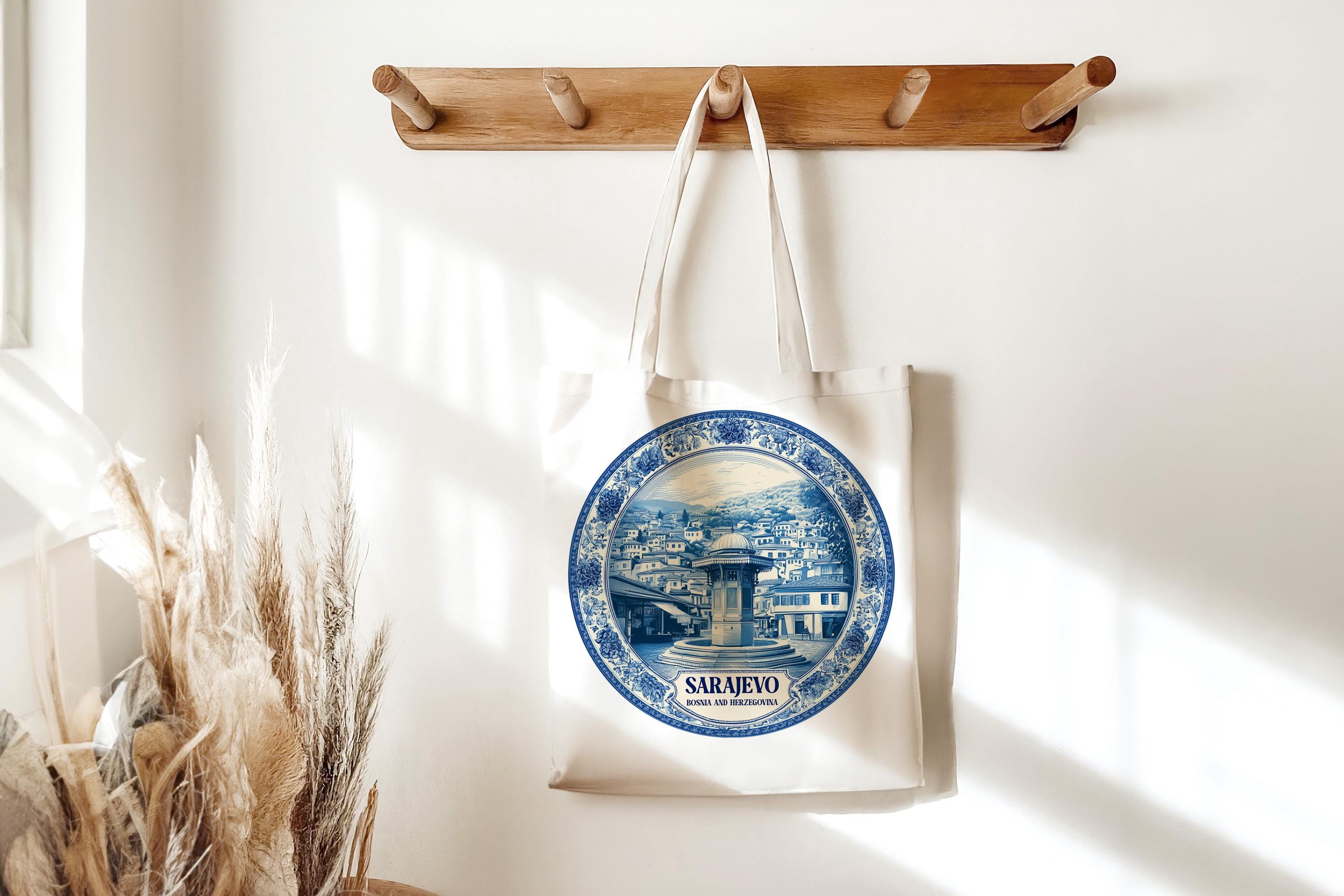 Sarajevo Bosnia and Herzegovinia Tote Bag, Delft Style Personalized Destination, City Wedding Gift Souvenir Cotton