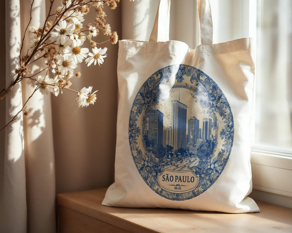 Sao Paulo Brazil Tote Bag, Delft Style Personalized Destination, City Wedding Gift Souvenir Cotton