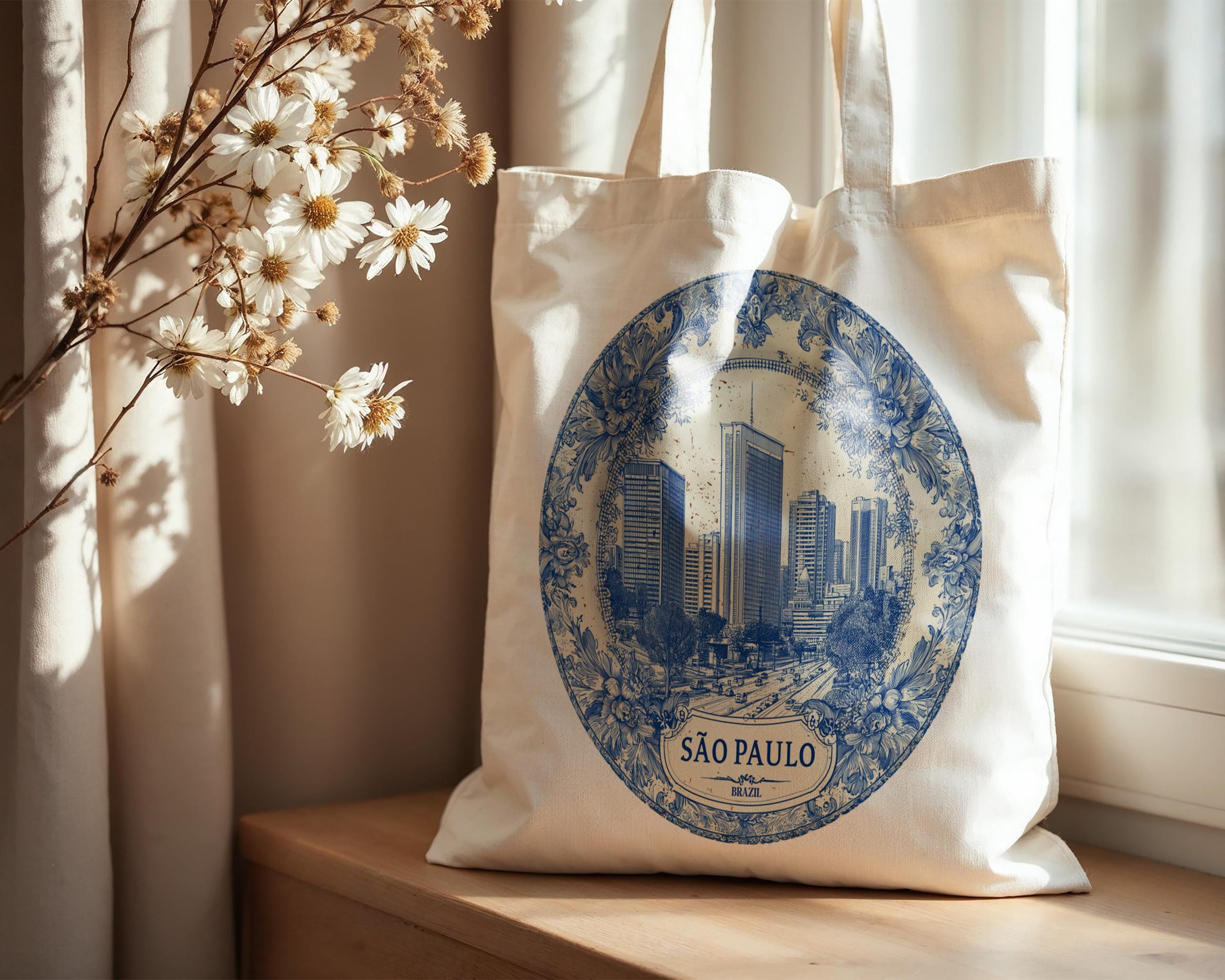 Sao Paulo Brazil Tote Bag, Delft Style Personalized Destination, City Wedding Gift Souvenir Cotton