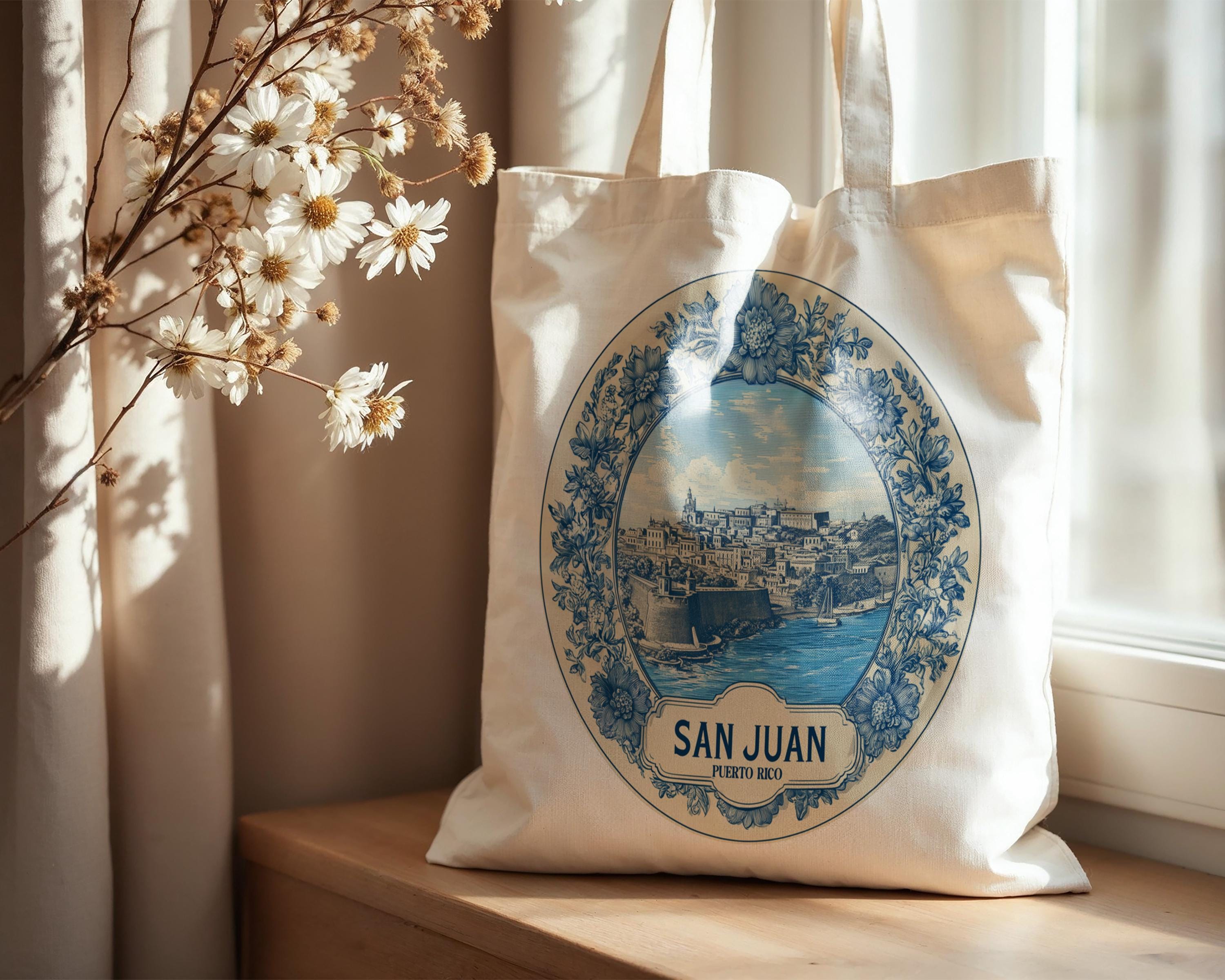 San Juan Puerto Rico Tote Bag, Delft Style Personalized Destination, City Wedding Gift Souvenir Cotton