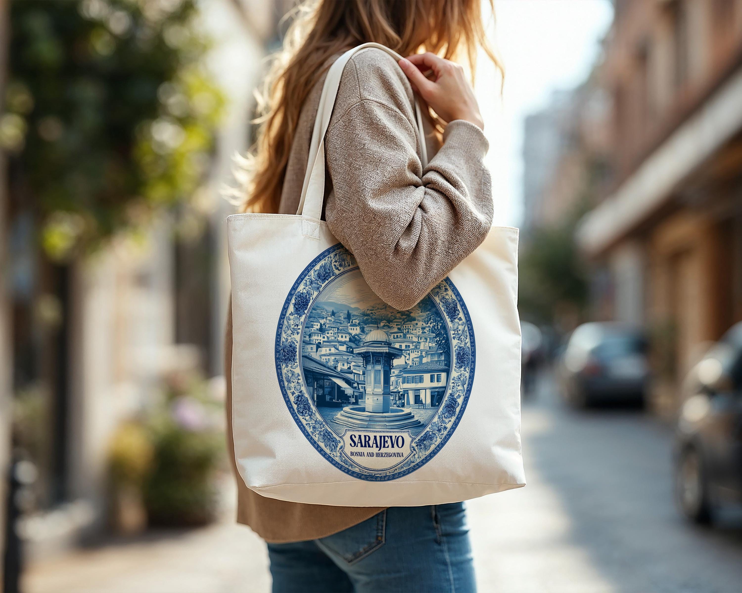 Sarajevo Bosnia and Herzegovinia Tote Bag, Delft Style Personalized Destination, City Wedding Gift Souvenir Cotton