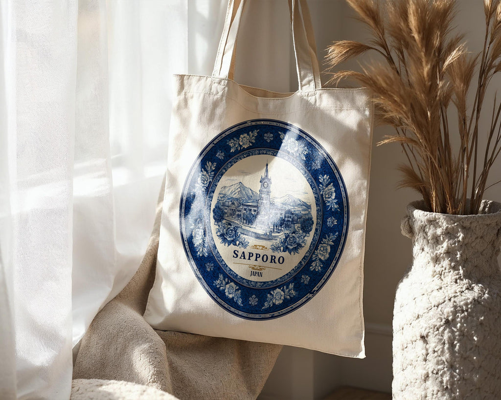 Sapporo Japan Tote Bag, Delft Style Personalized Destination, City Wedding Gift Souvenir Cotton