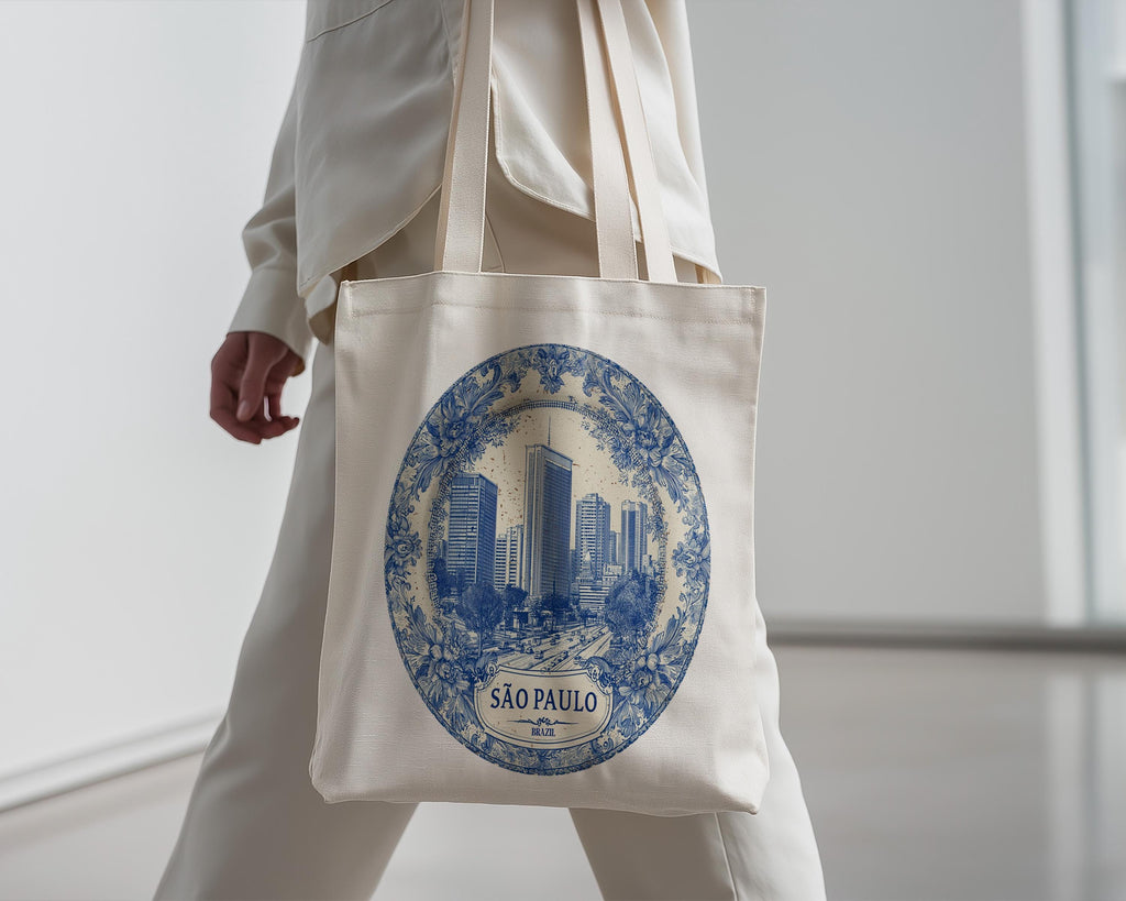 Sao Paulo Brazil Tote Bag, Delft Style Personalized Destination, City Wedding Gift Souvenir Cotton