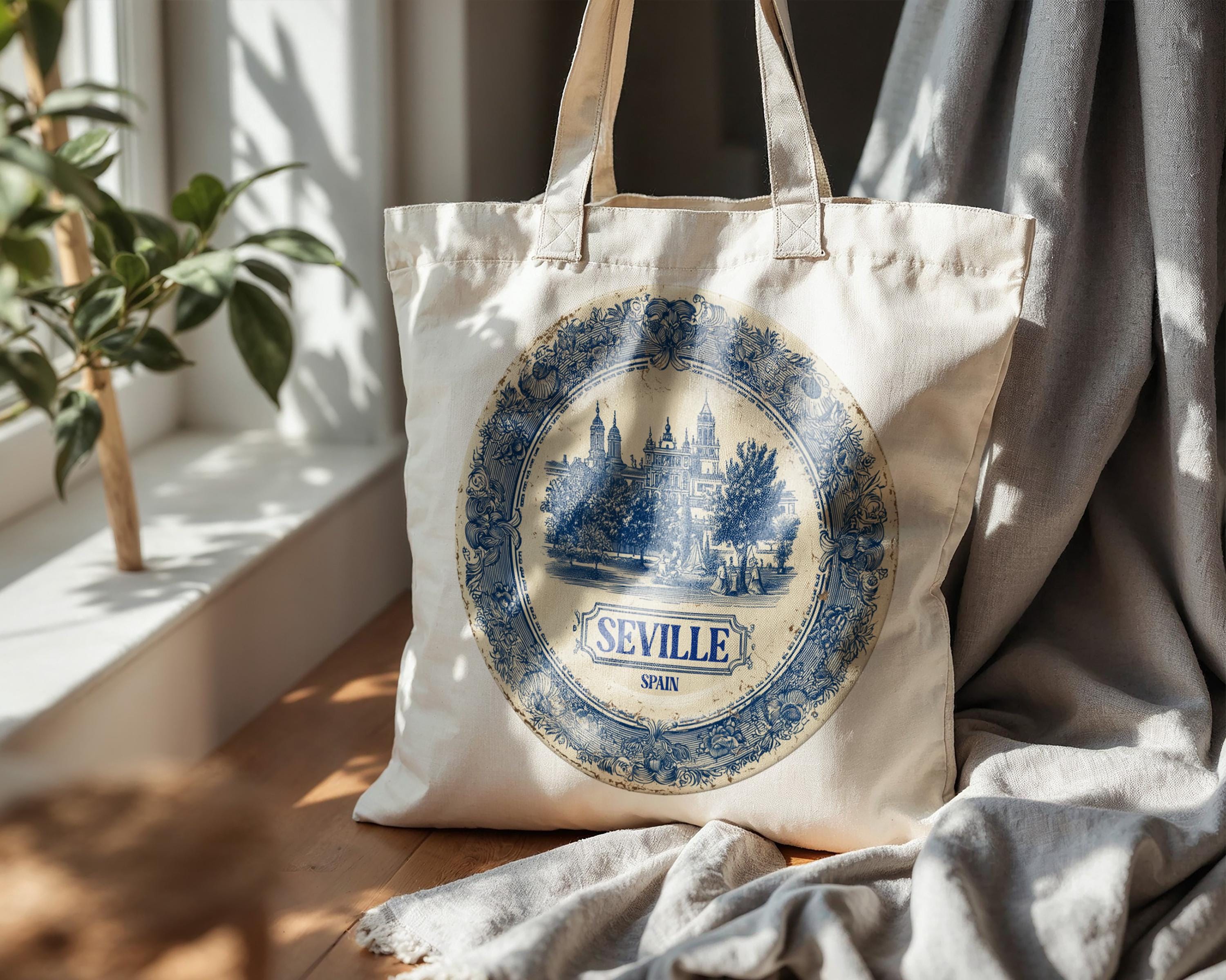 Seville Spain Tote Bag, Delft Style Personalized Destination, City Wedding Gift Souvenir Cotton