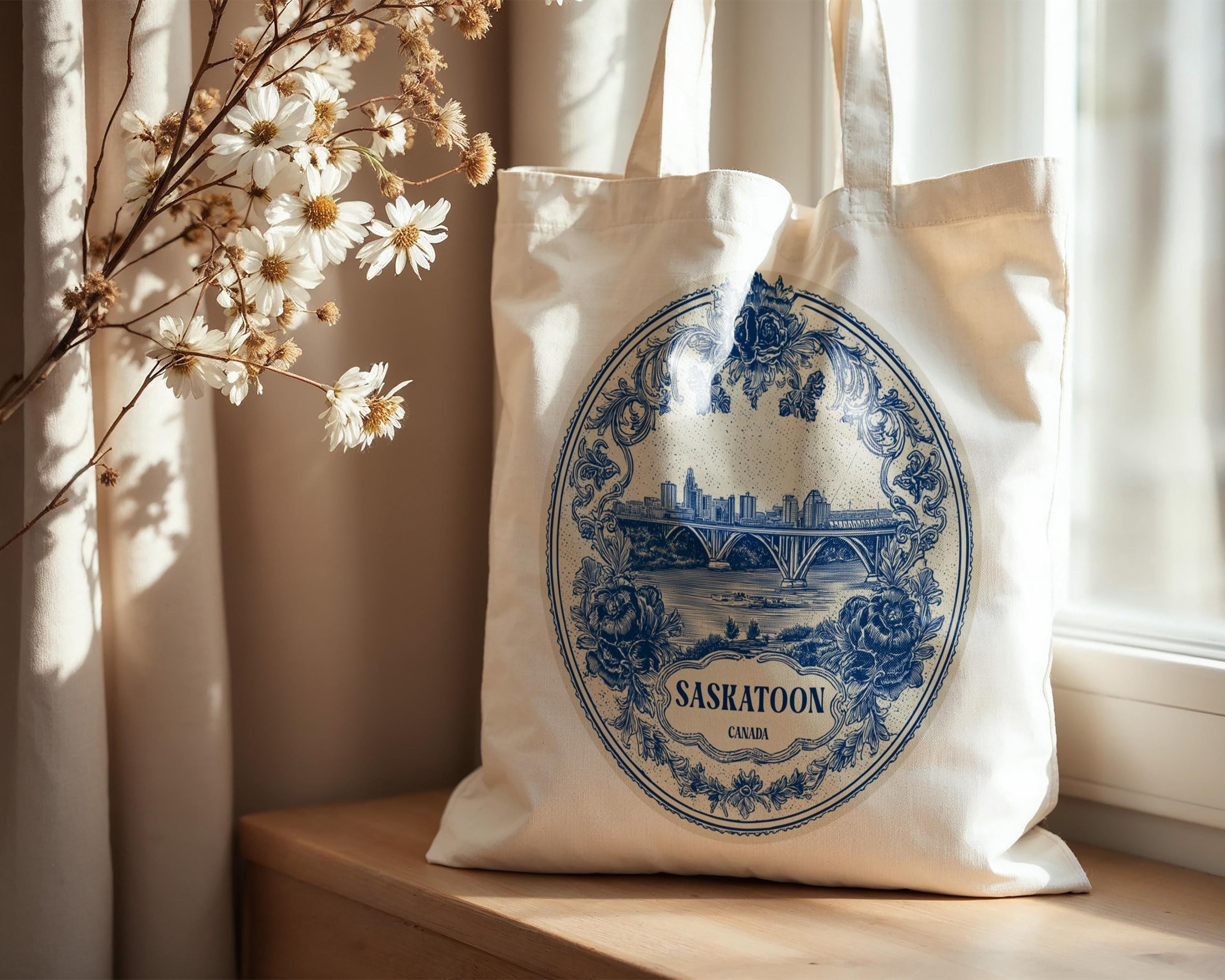 Saskatoon Canada Tote Bag, Delft Style Personalized Destination, City Wedding Gift Souvenir Cotton