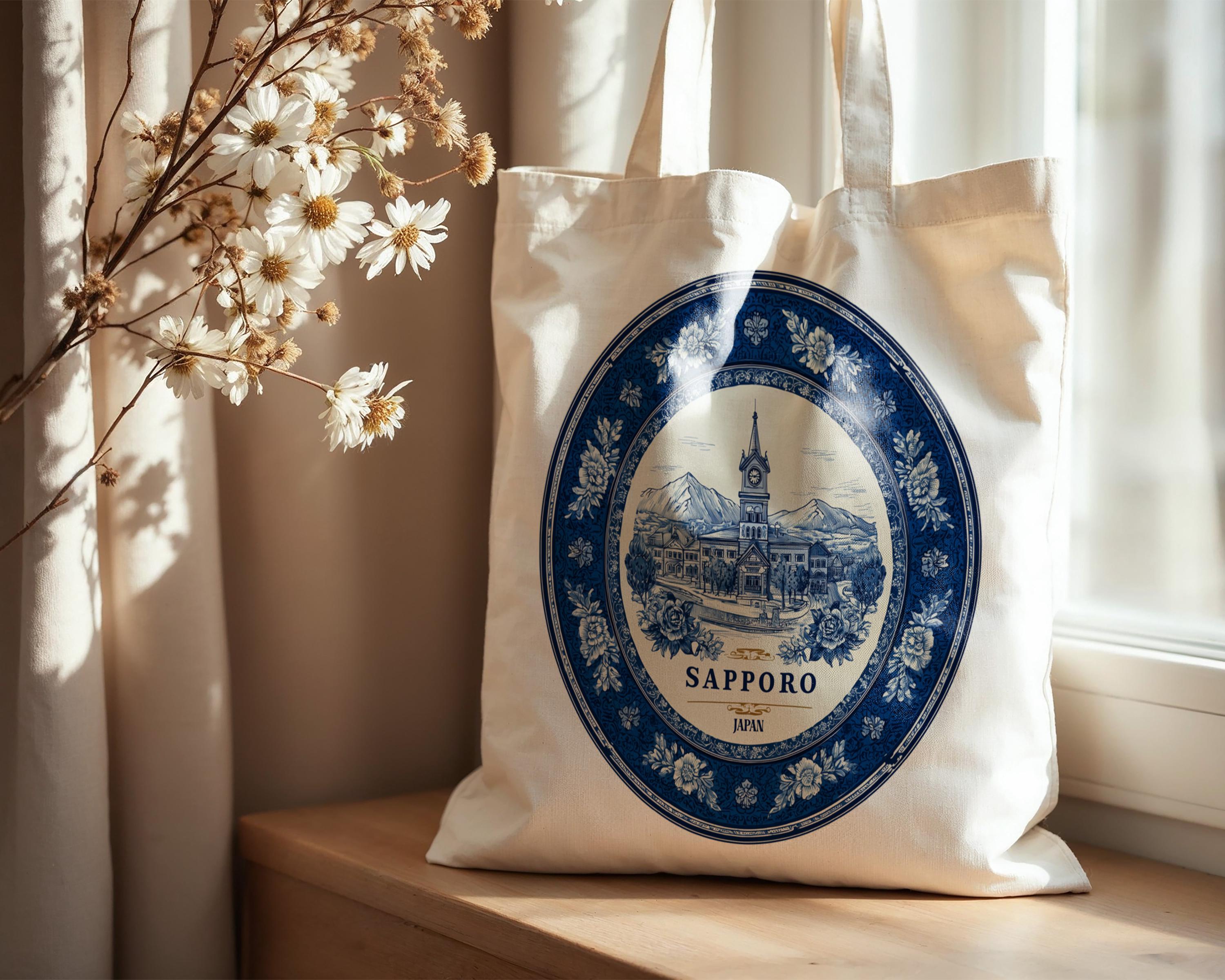 Sapporo Japan Tote Bag, Delft Style Personalized Destination, City Wedding Gift Souvenir Cotton