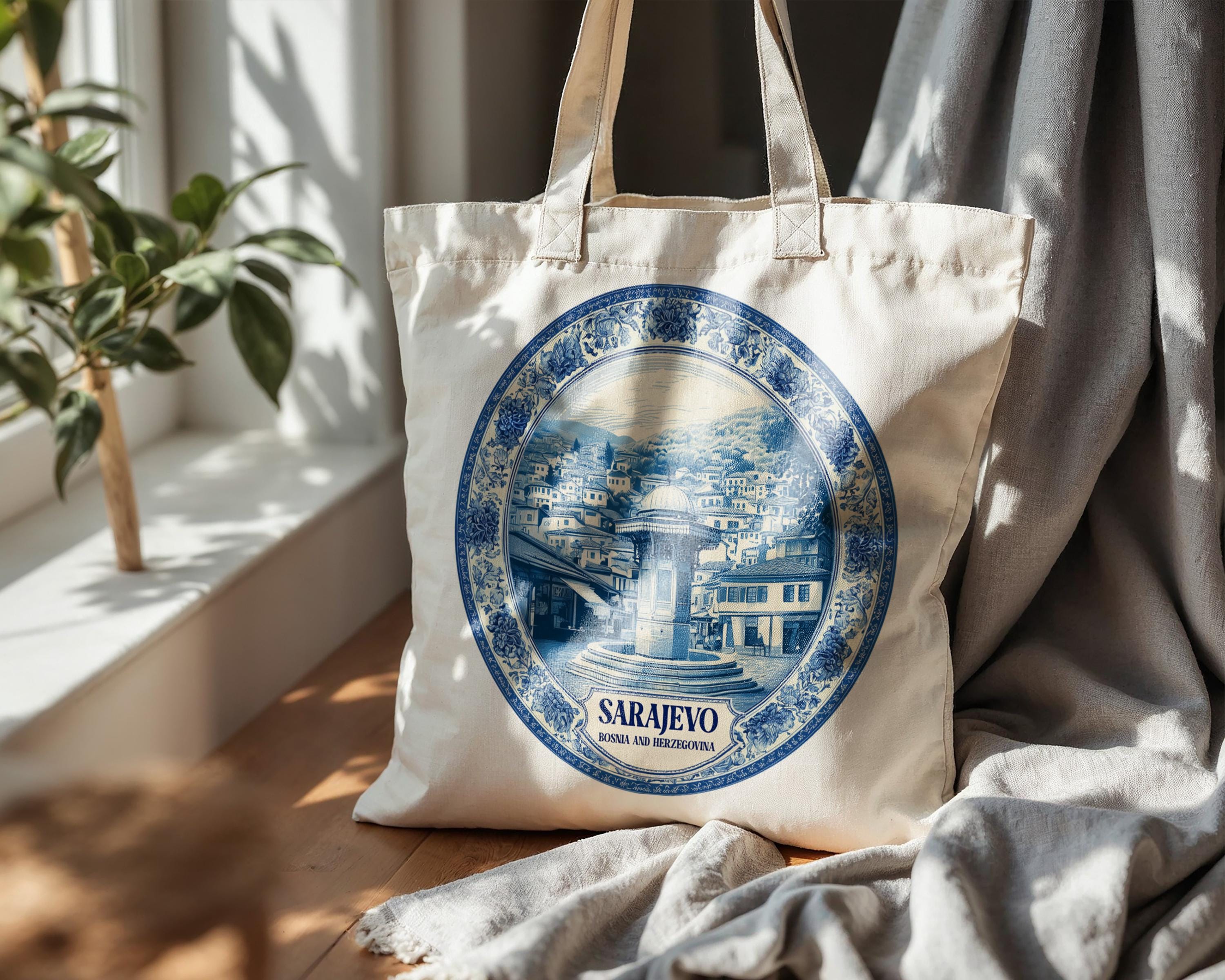 Sarajevo Bosnia and Herzegovinia Tote Bag, Delft Style Personalized Destination, City Wedding Gift Souvenir Cotton