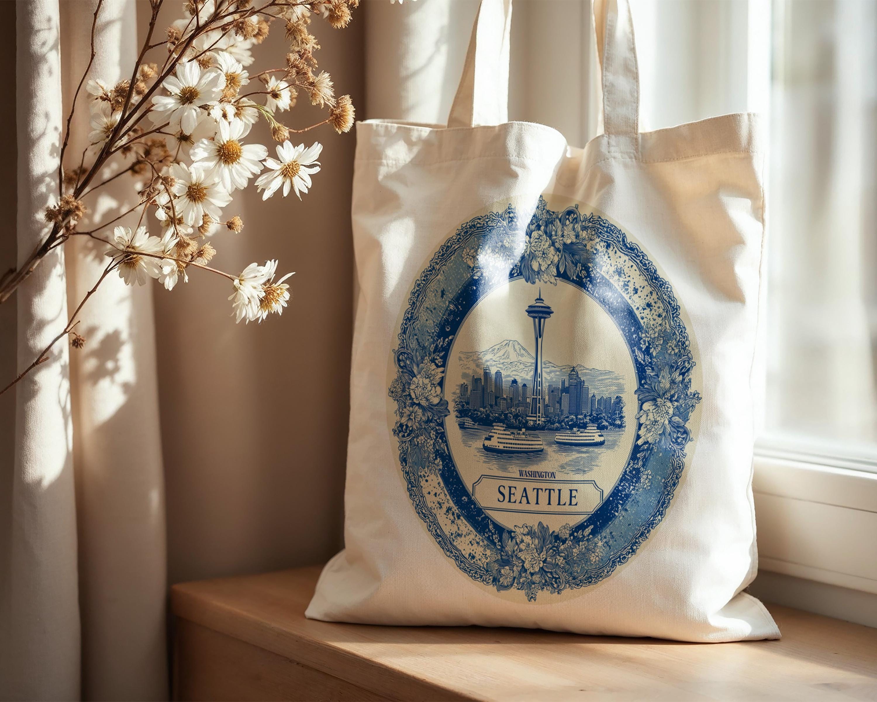 Seattle Washington Tote Bag, Delft Style Personalized Destination, City Wedding Gift Souvenir Cotton
