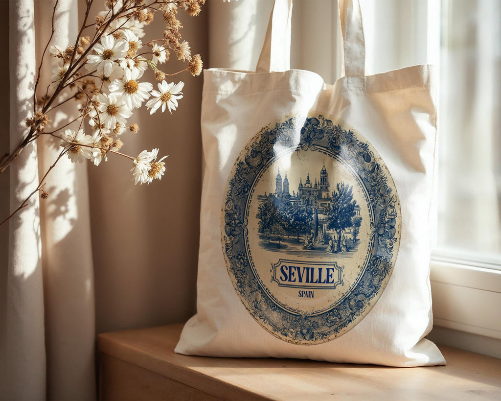 Seville Spain Tote Bag, Delft Style Personalized Destination, City Wedding Gift Souvenir Cotton
