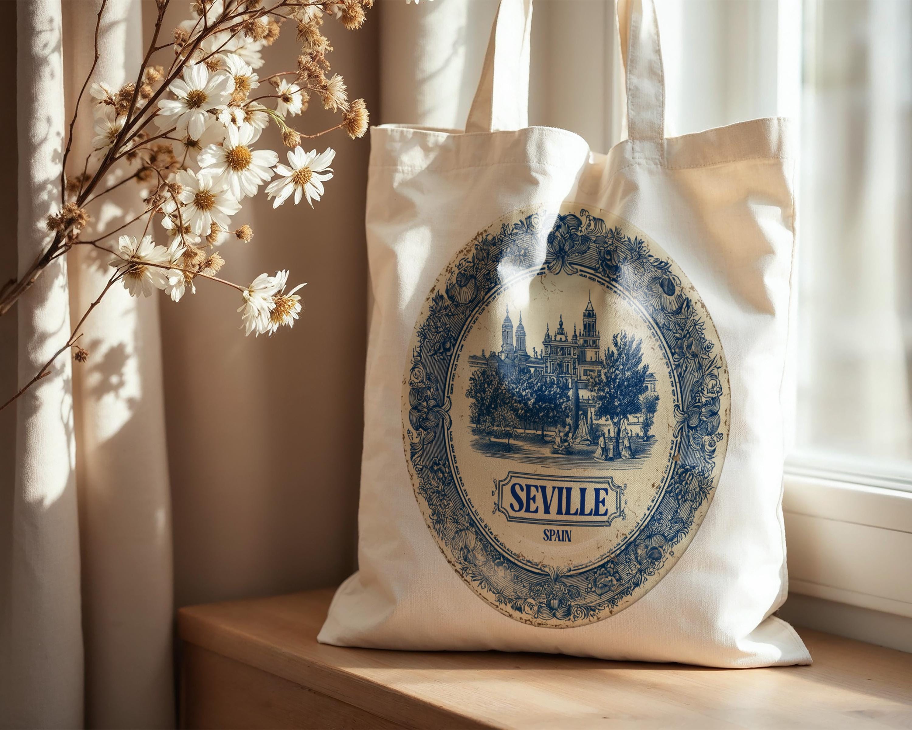 Seville Spain Tote Bag, Delft Style Personalized Destination, City Wedding Gift Souvenir Cotton