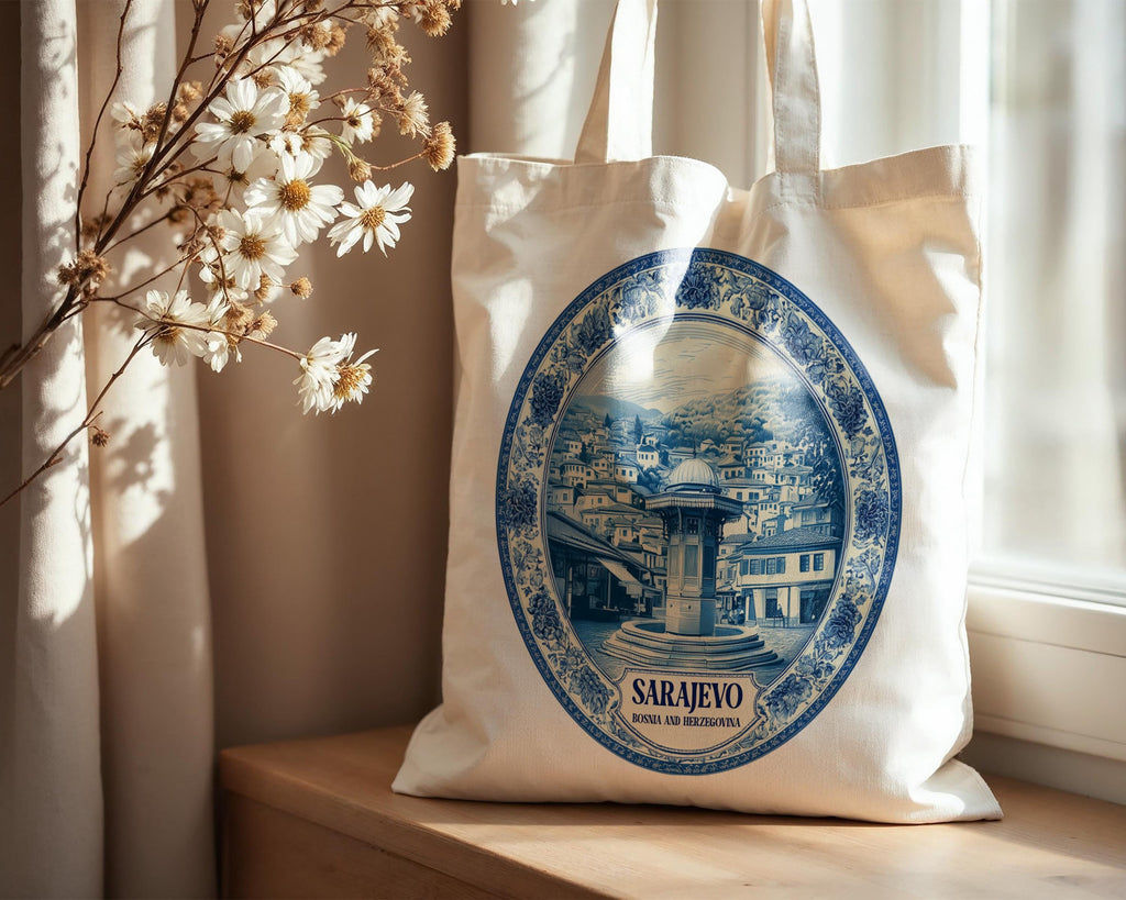 Sarajevo Bosnia and Herzegovinia Tote Bag, Delft Style Personalized Destination, City Wedding Gift Souvenir Cotton