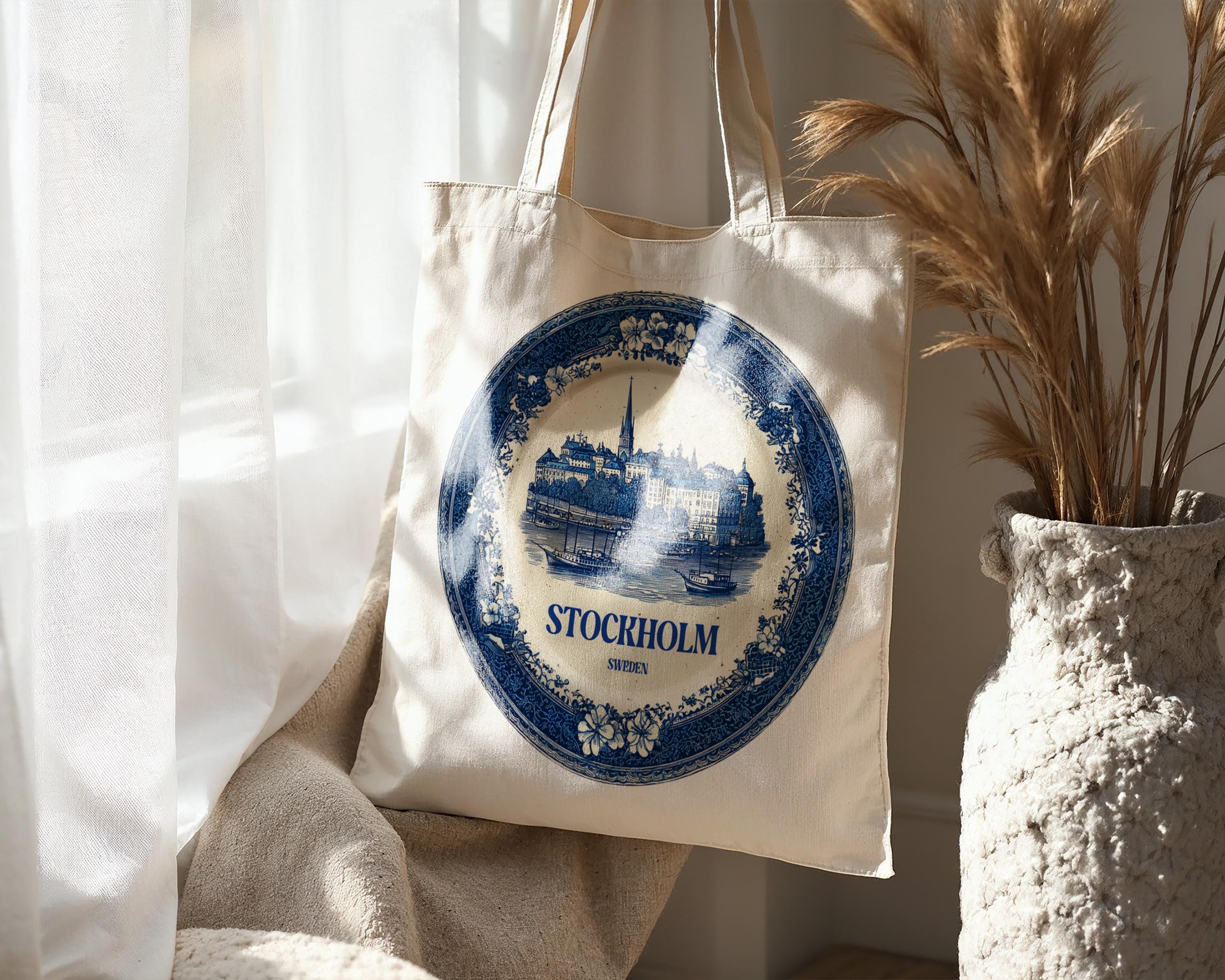 Stockholm Sweden Tote Bag, Delft Style Personalized Destination, City Wedding Gift Souvenir Cotton