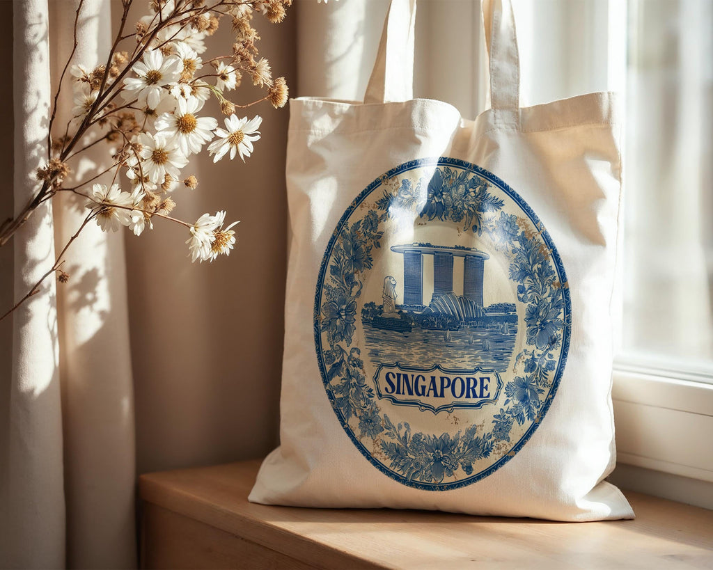 Singapore Tote Bag, Delft Style Personalized Destination, City Wedding Gift Souvenir Cotton
