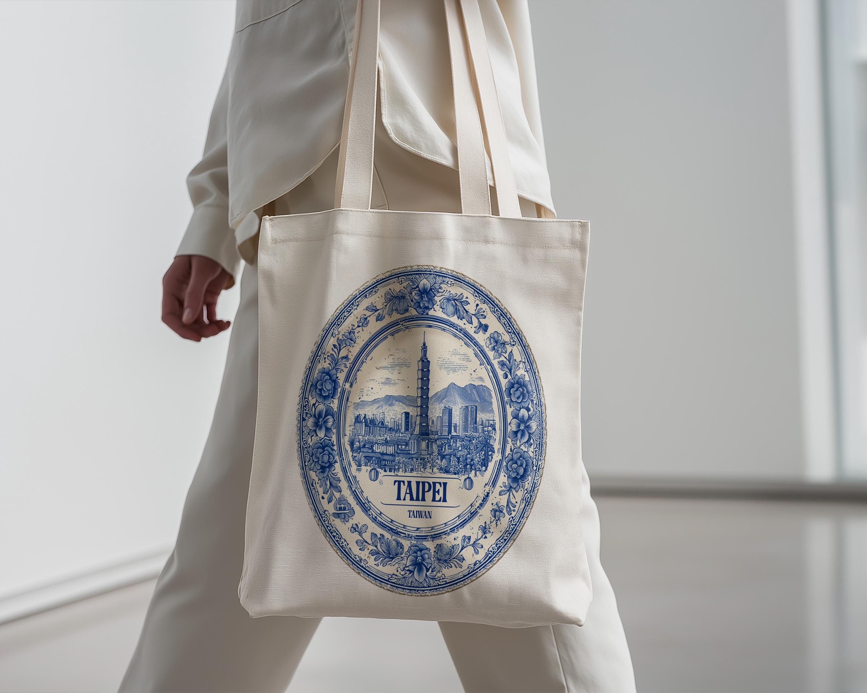 Taipei Taiwan Tote Bag, Delft Style Personalized Destination, City Wedding Gift Souvenir Cotton
