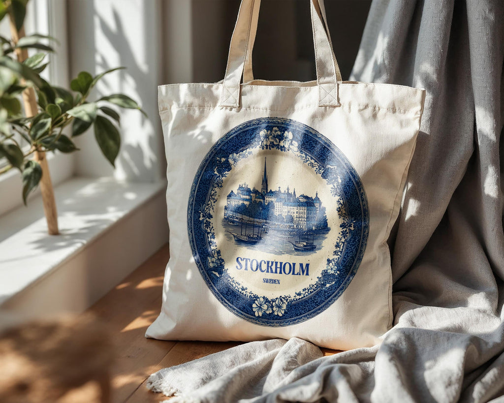 Stockholm Sweden Tote Bag, Delft Style Personalized Destination, City Wedding Gift Souvenir Cotton