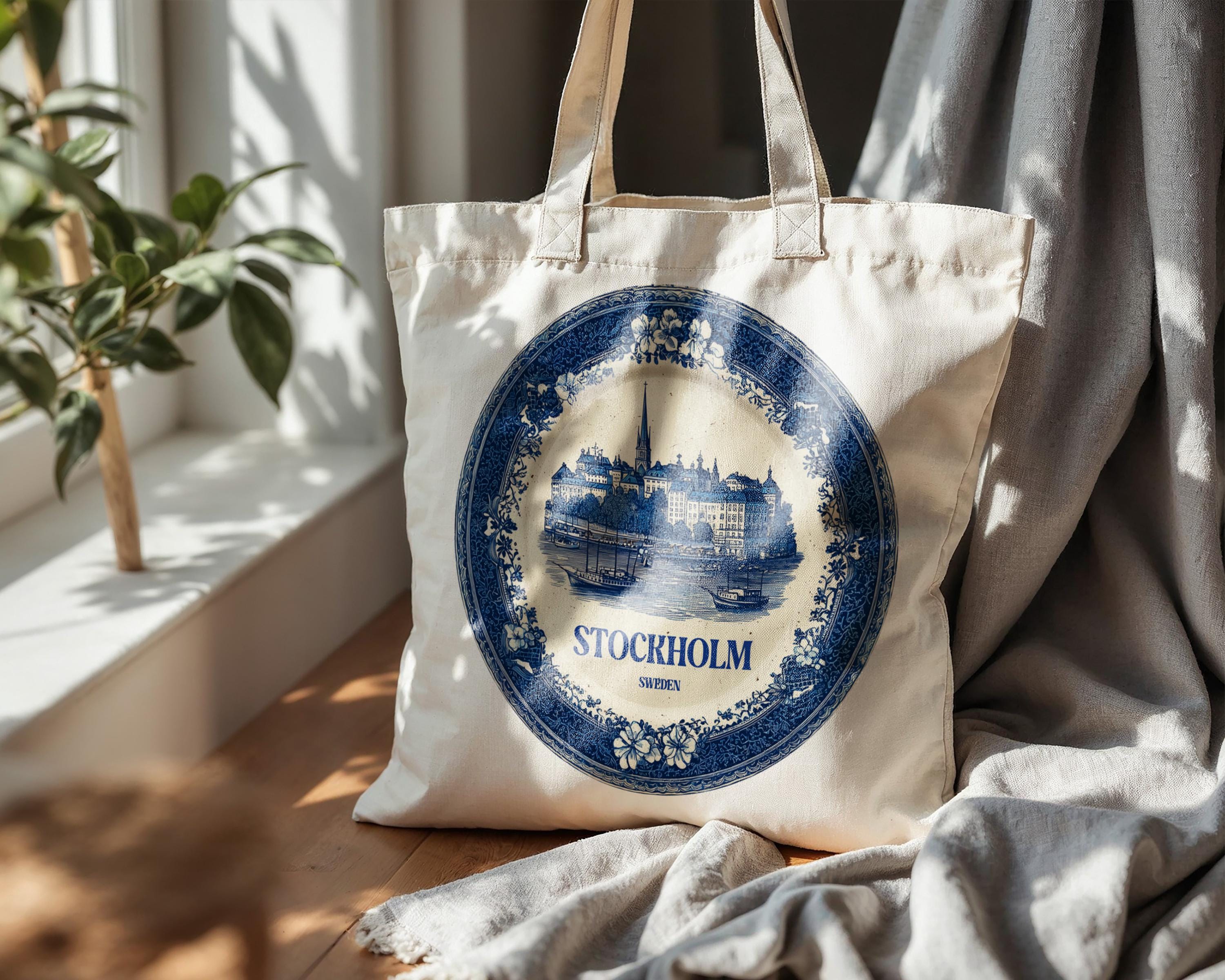 Stockholm Sweden Tote Bag, Delft Style Personalized Destination, City Wedding Gift Souvenir Cotton