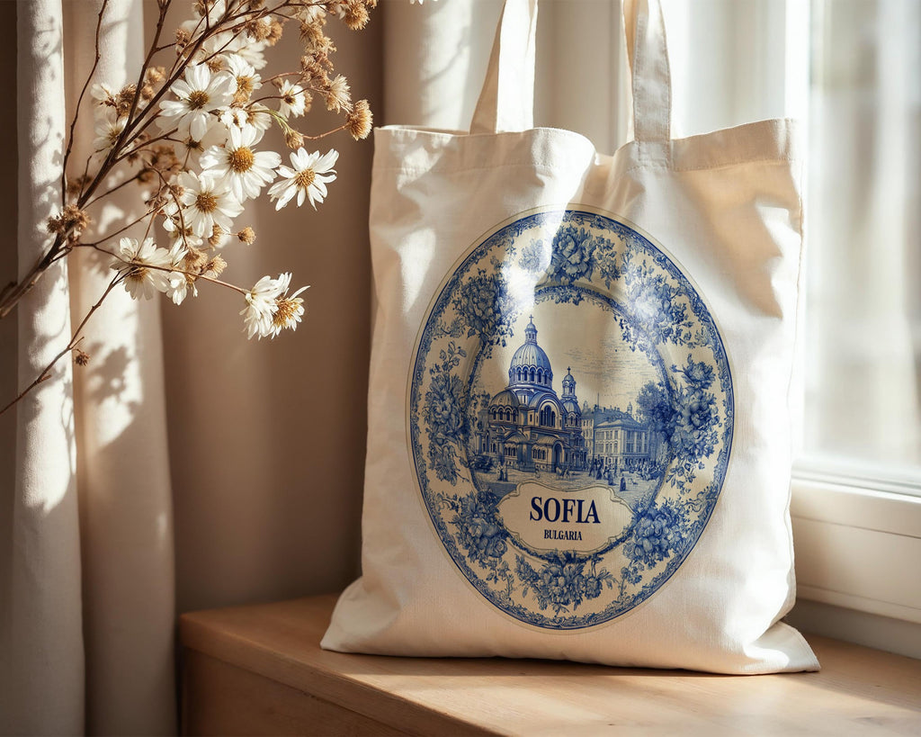 Sofia Bulgaria Tote Bag, Delft Style Personalized Destination, City Wedding Gift Souvenir Cotton