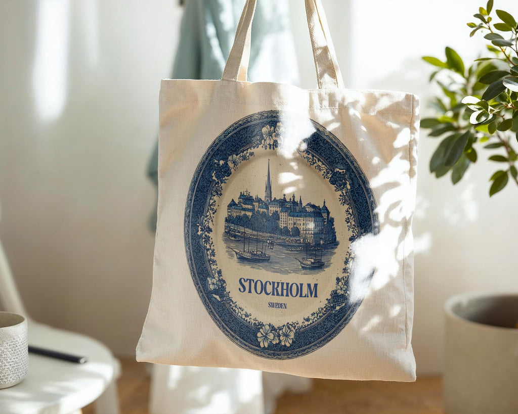 Stockholm Sweden Tote Bag, Delft Style Personalized Destination, City Wedding Gift Souvenir Cotton