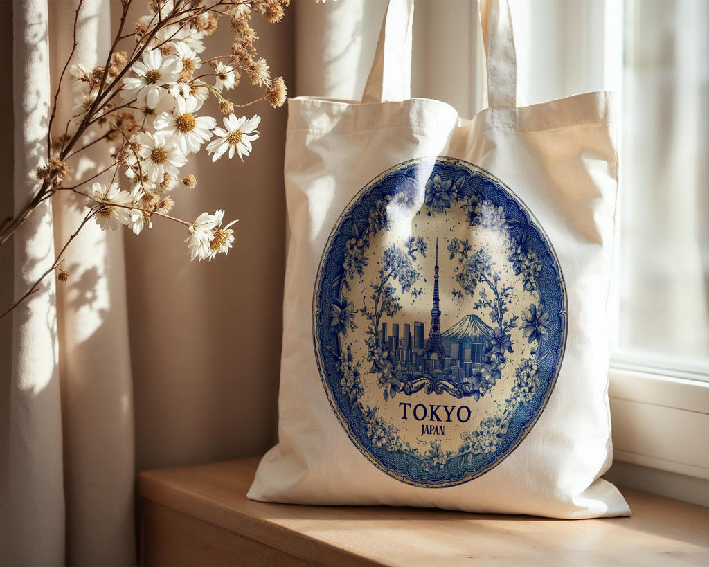 Tokyo Japan Tote Bag, Delft Style Personalized Destination, City Wedding Gift Souvenir Cotton