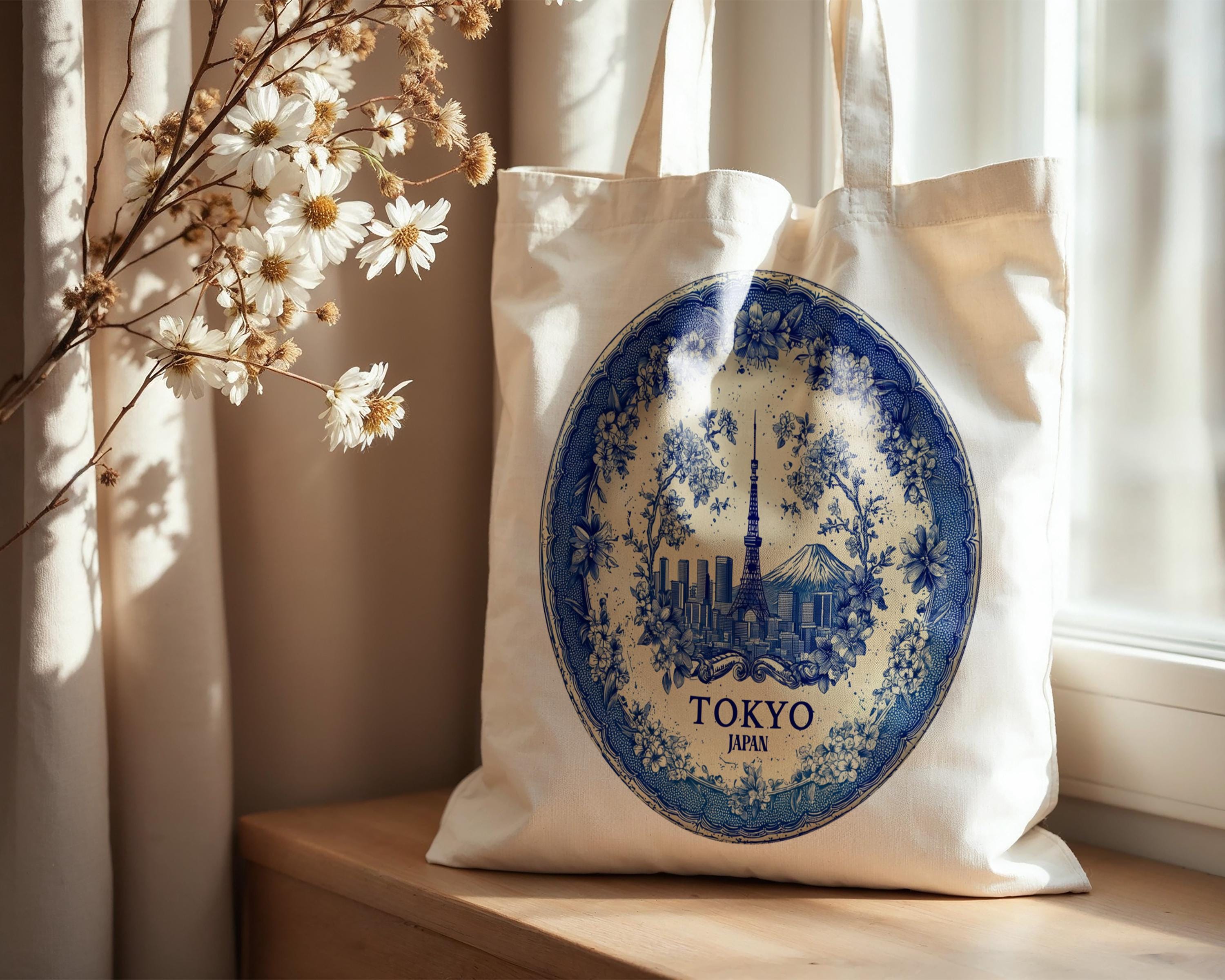 Tokyo Japan Tote Bag, Delft Style Personalized Destination, City Wedding Gift Souvenir Cotton