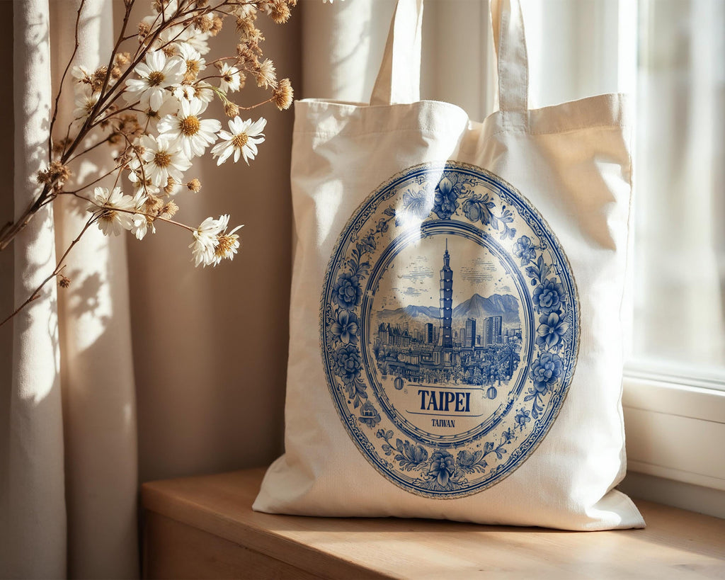 Taipei Taiwan Tote Bag, Delft Style Personalized Destination, City Wedding Gift Souvenir Cotton