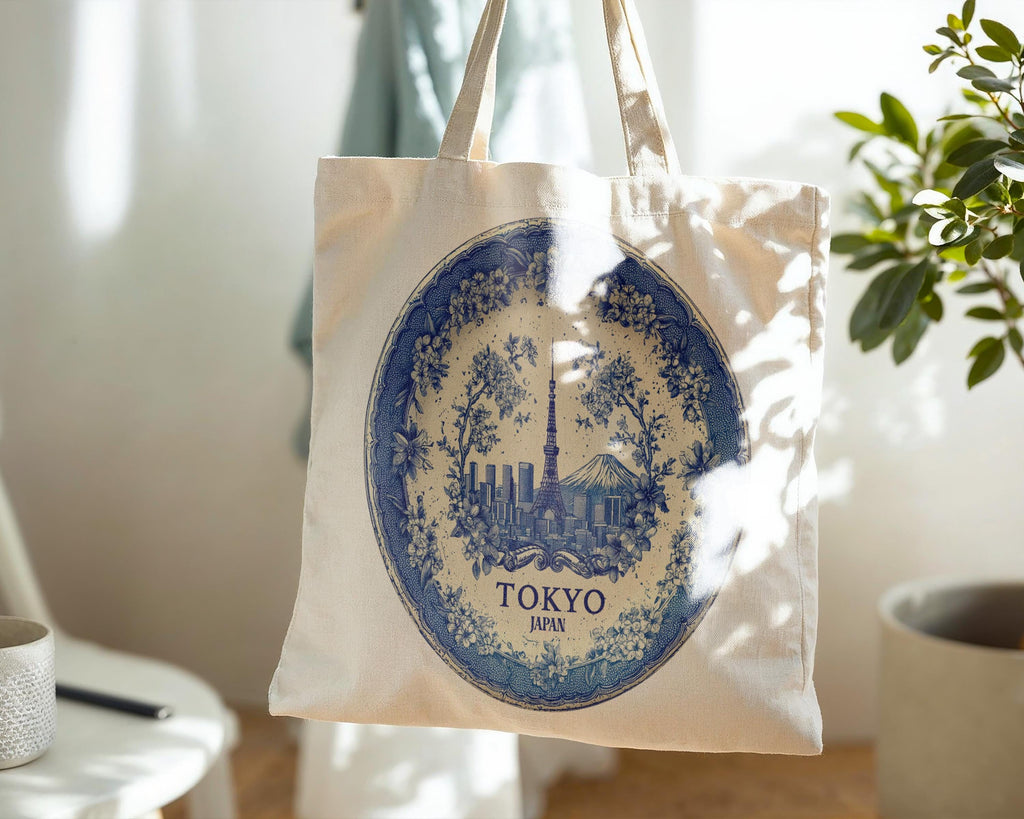 Tokyo Japan Tote Bag, Delft Style Personalized Destination, City Wedding Gift Souvenir Cotton