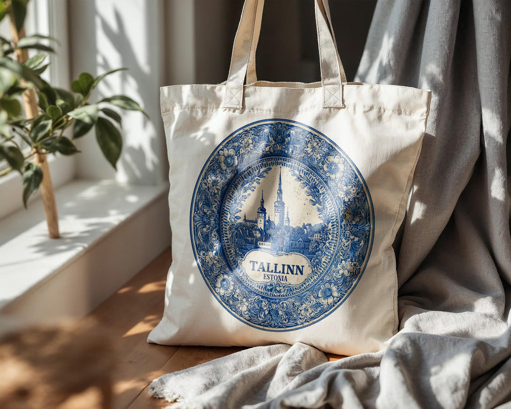 Tallinn Estonia Tote Bag, Delft Style Personalized Destination, City Wedding Gift Souvenir Cotton