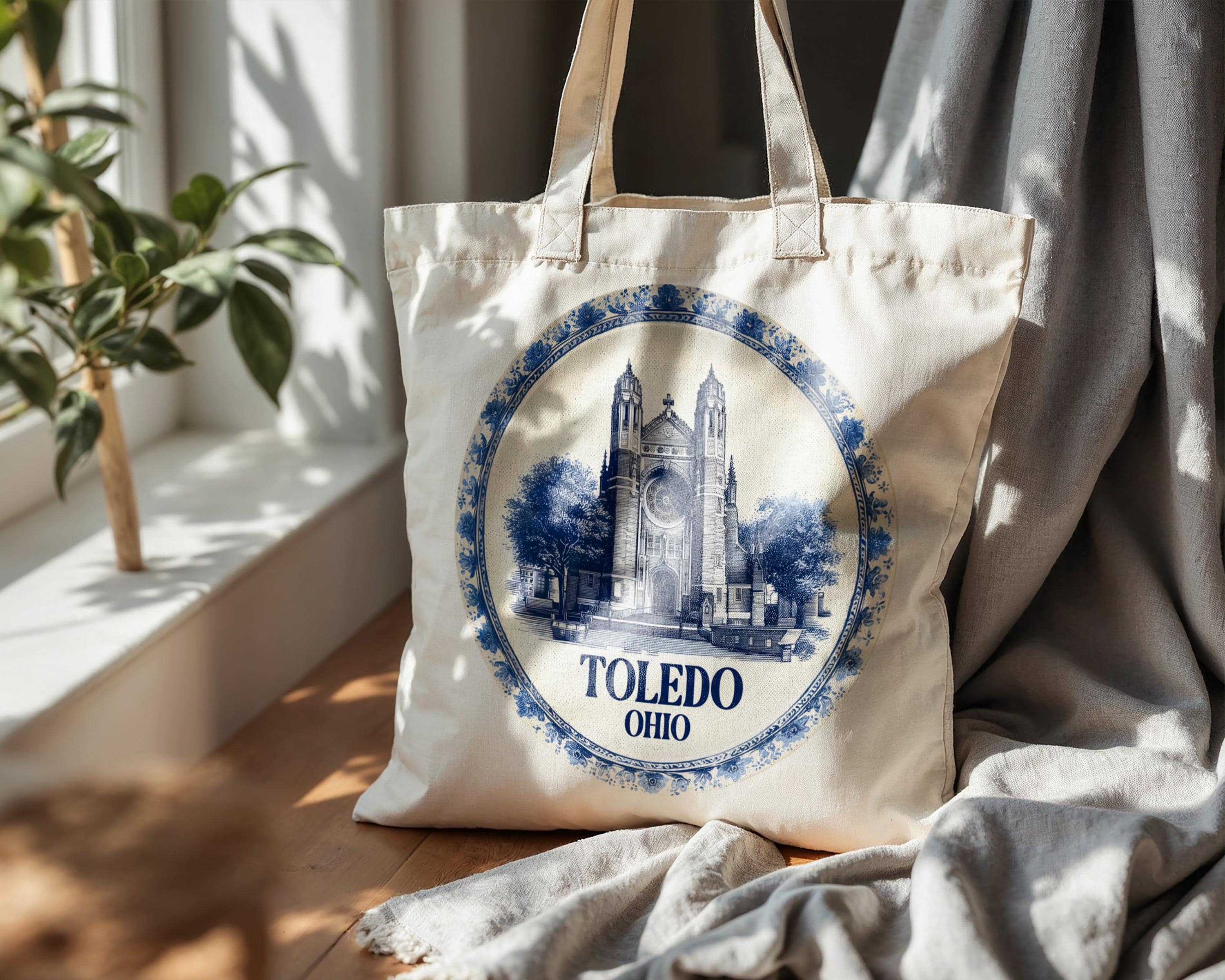 Toledo Ohio Tote Bag, Delft Style Personalized Destination, City Wedding Gift Souvenir Cotton