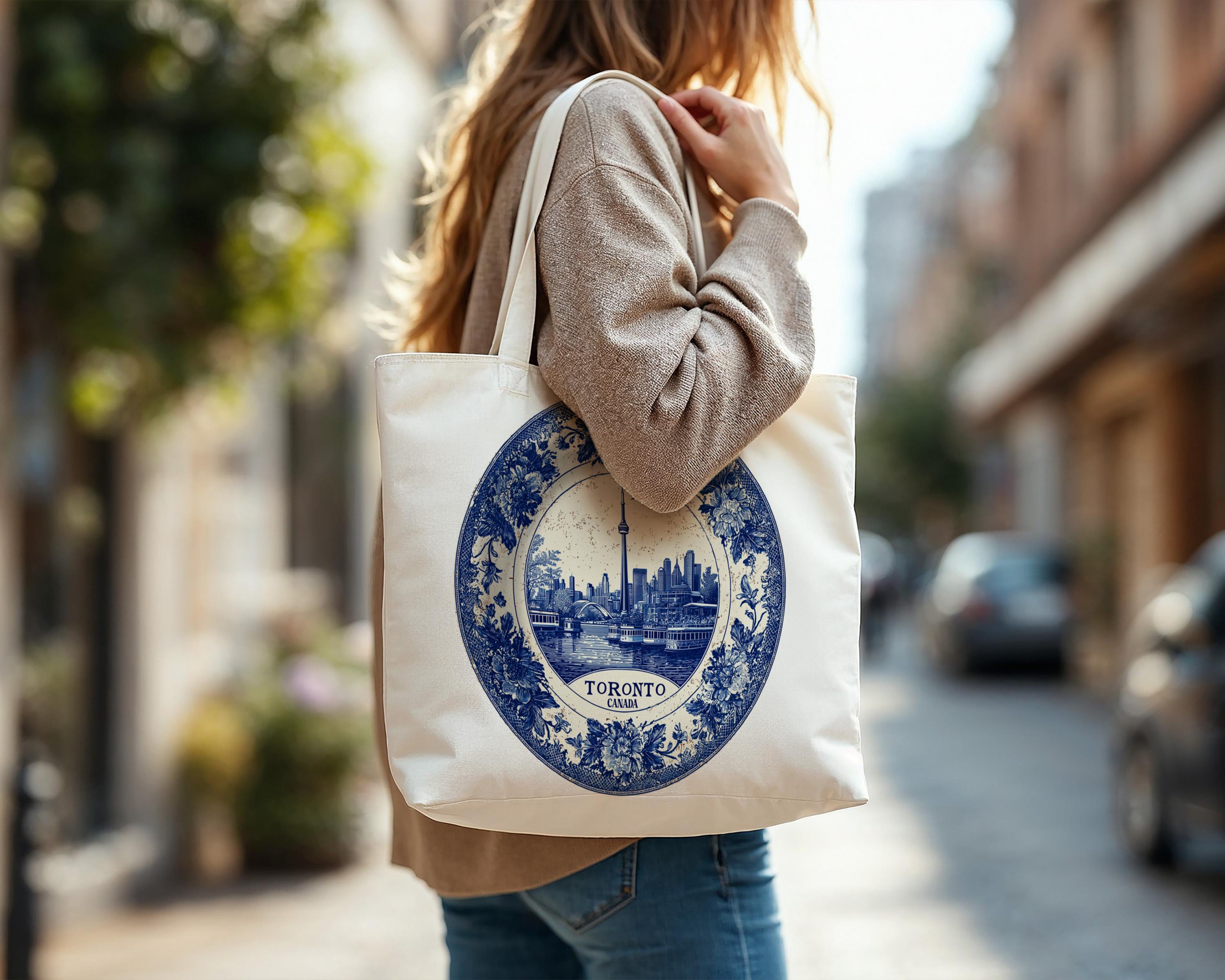 Toronto Canada Tote Bag, Delft Style Personalized Destination, City Wedding Gift Souvenir Cotton