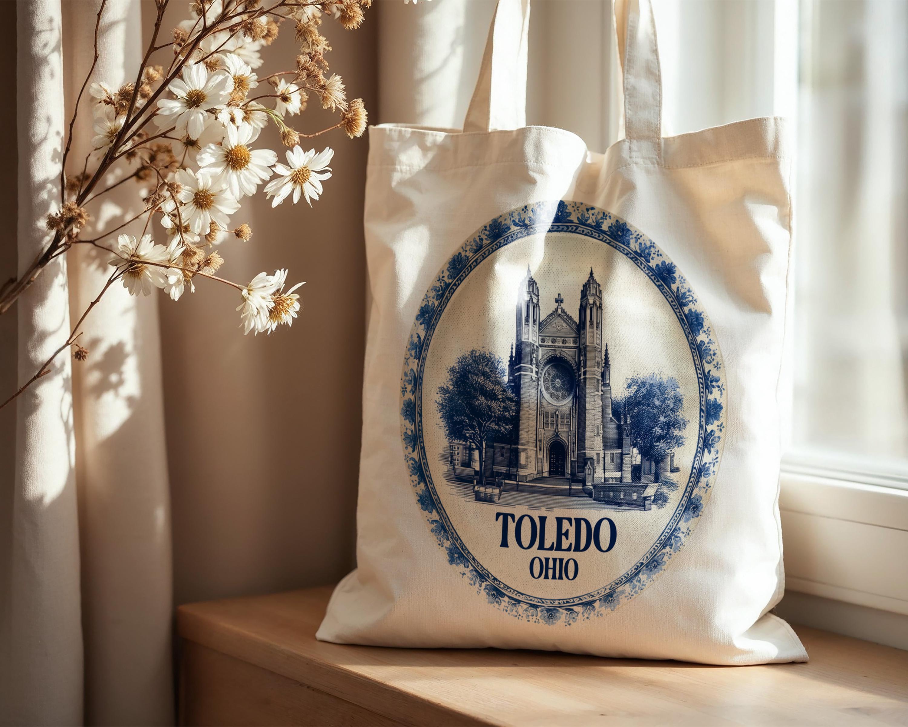 Toledo Ohio Tote Bag, Delft Style Personalized Destination, City Wedding Gift Souvenir Cotton