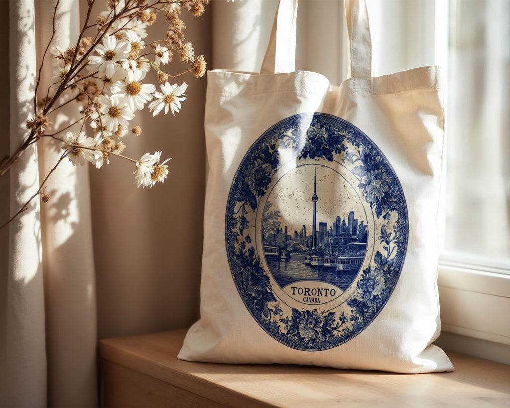 Toronto Canada Tote Bag, Delft Style Personalized Destination, City Wedding Gift Souvenir Cotton