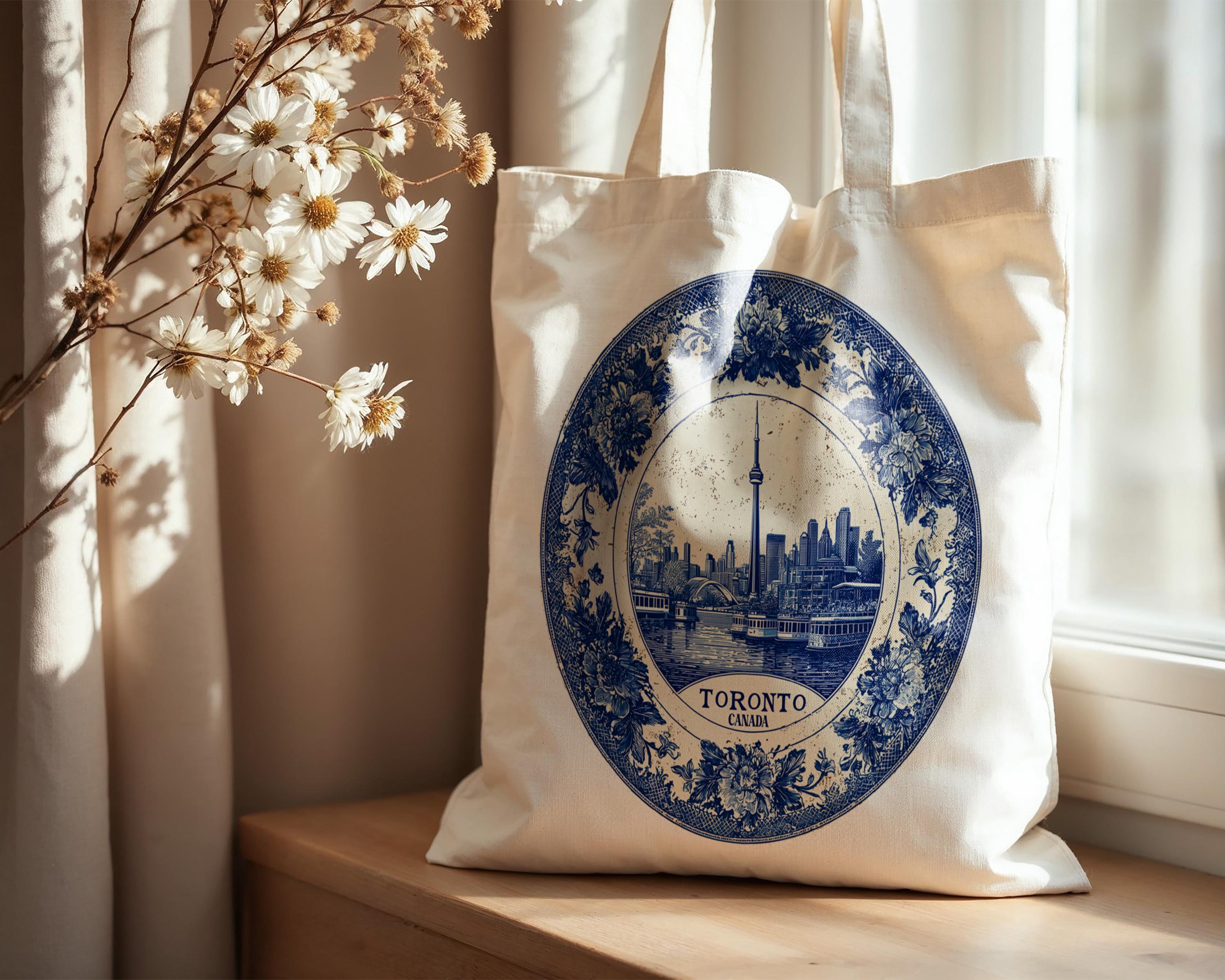 Toronto Canada Tote Bag, Delft Style Personalized Destination, City Wedding Gift Souvenir Cotton