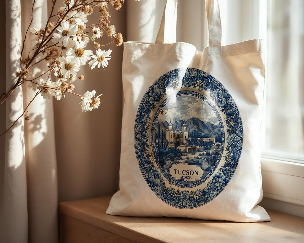 Tucson Arizona Tote Bag, Delft Style Personalized Destination, City Wedding Gift Souvenir Cotton