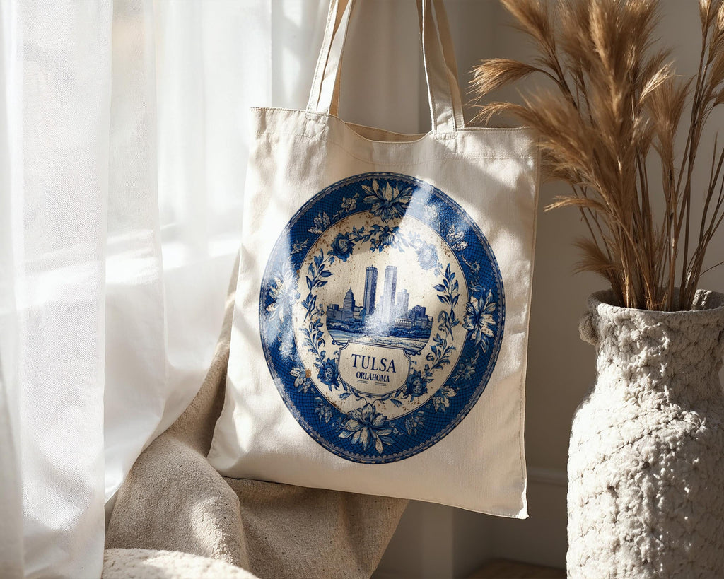 Tulsa Oklahoma Tote Bag, Delft Style Personalized Destination, City Wedding Gift Souvenir Cotton