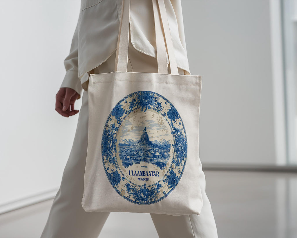 Ulaanbaatar Mongolia Tote Bag, Delft Style Personalized Destination, City Wedding Gift Souvenir Cotton